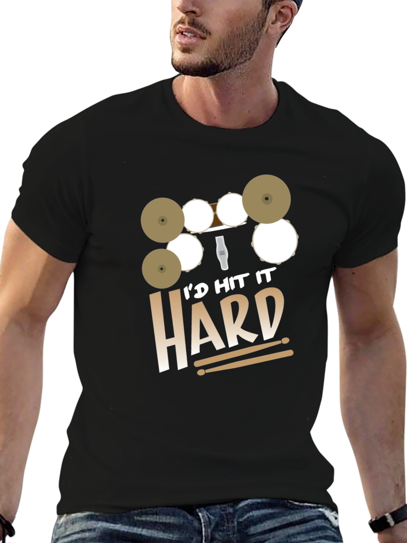 Black I'd Hit It Hard Drummer Black T-Shirt view 6