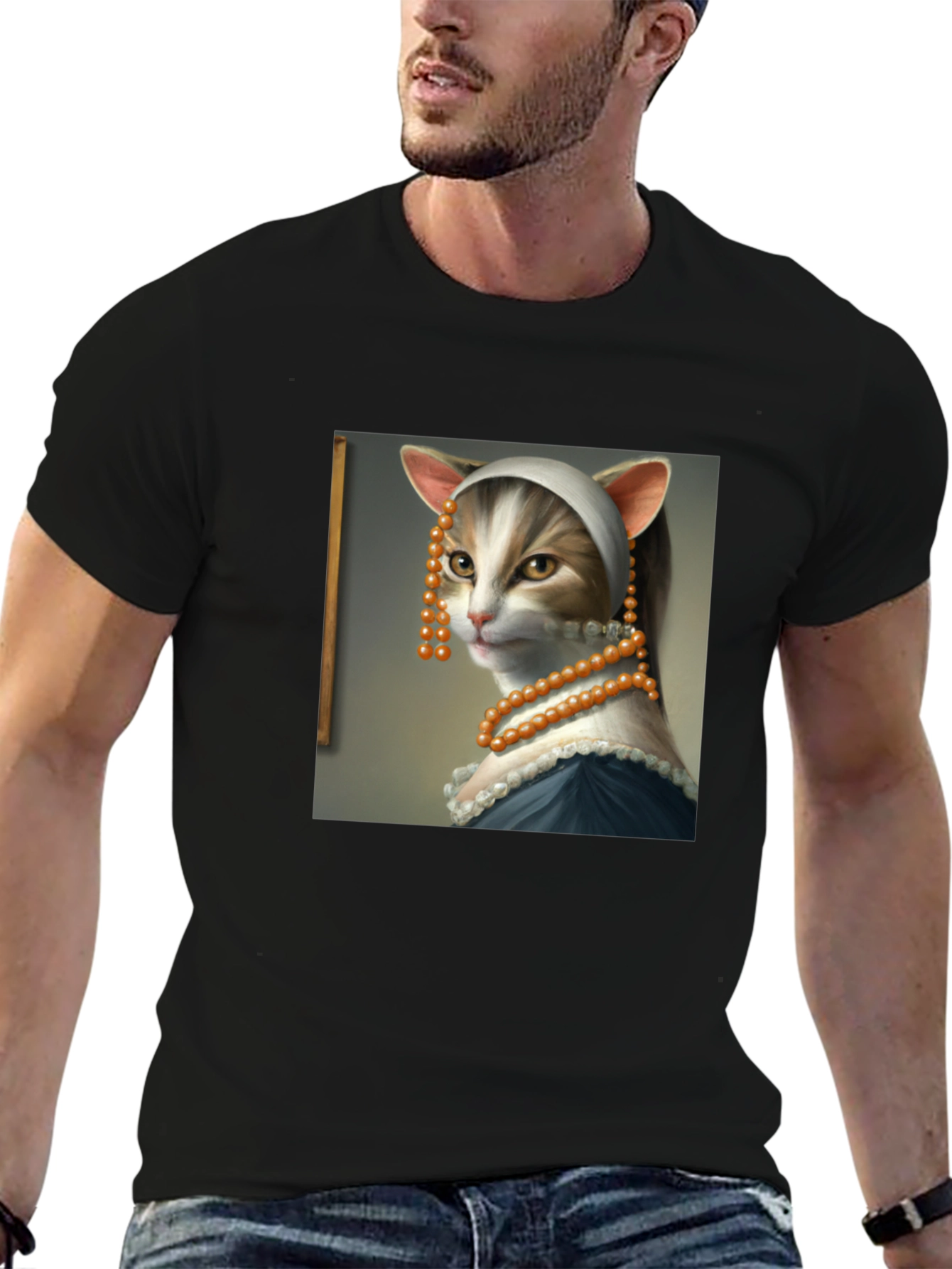 Black Cat with a Pearl Earring T-Shirt - Funny Art Tee view 6