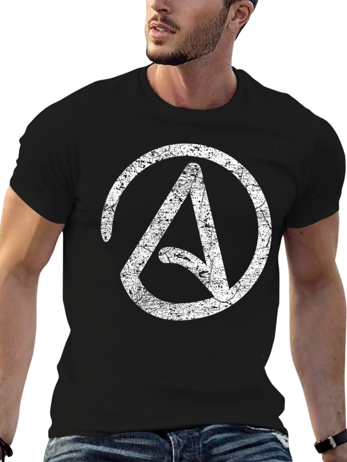 Black Distressed Atheist Symbol T-Shirt - Black view 6