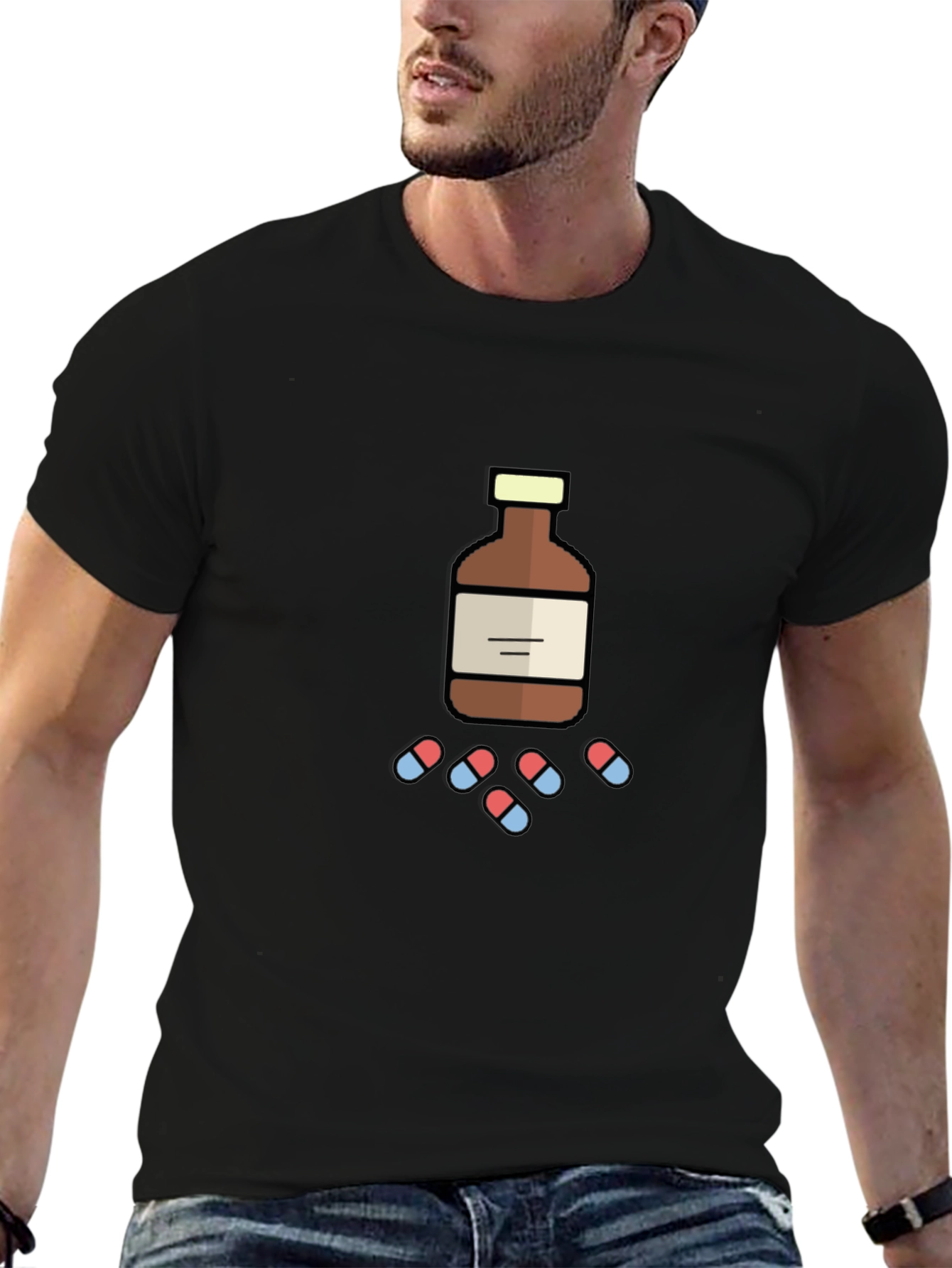 Black Novelty Medicine Bottle and Pills Graphic T-Shirt view 6