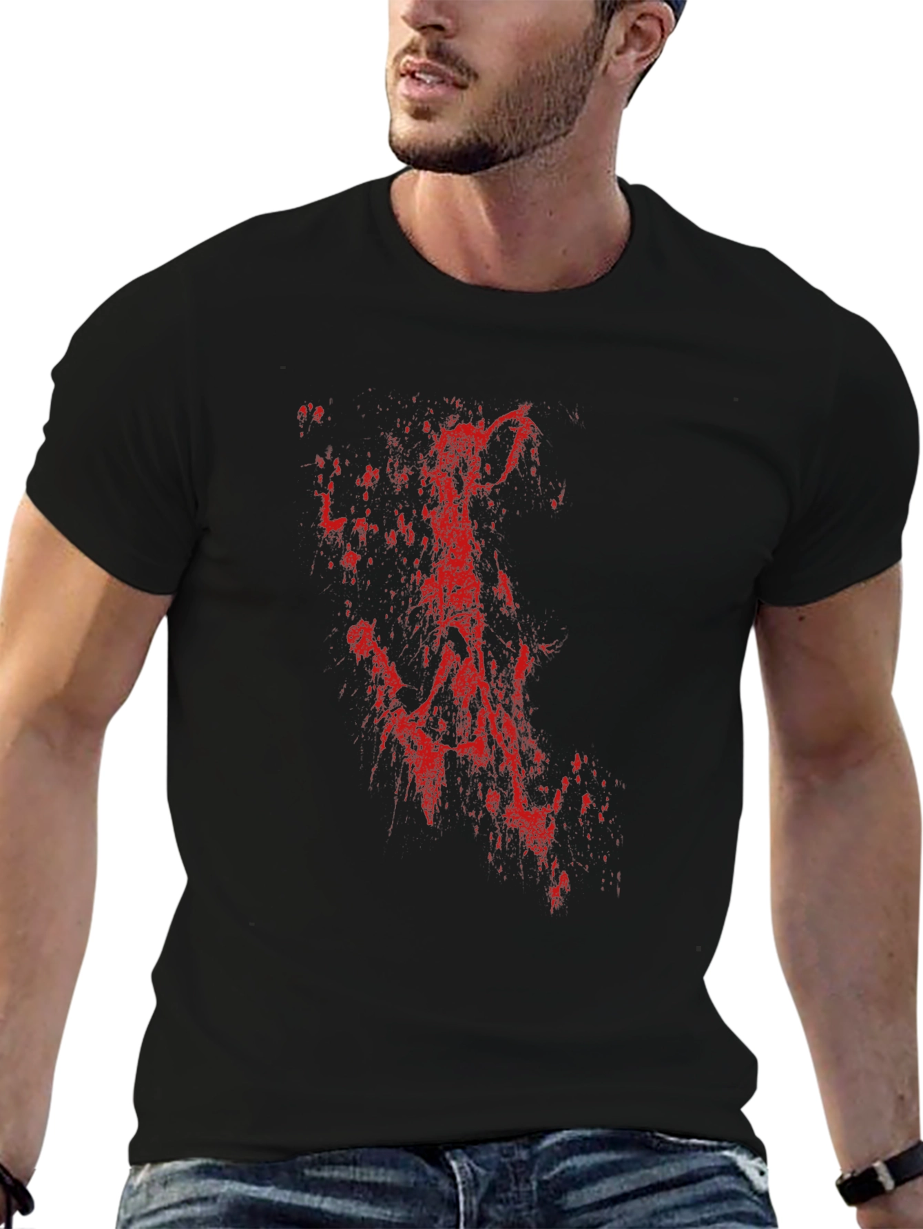 Black Men's Black T-Shirt with Red Abstract Print view 6