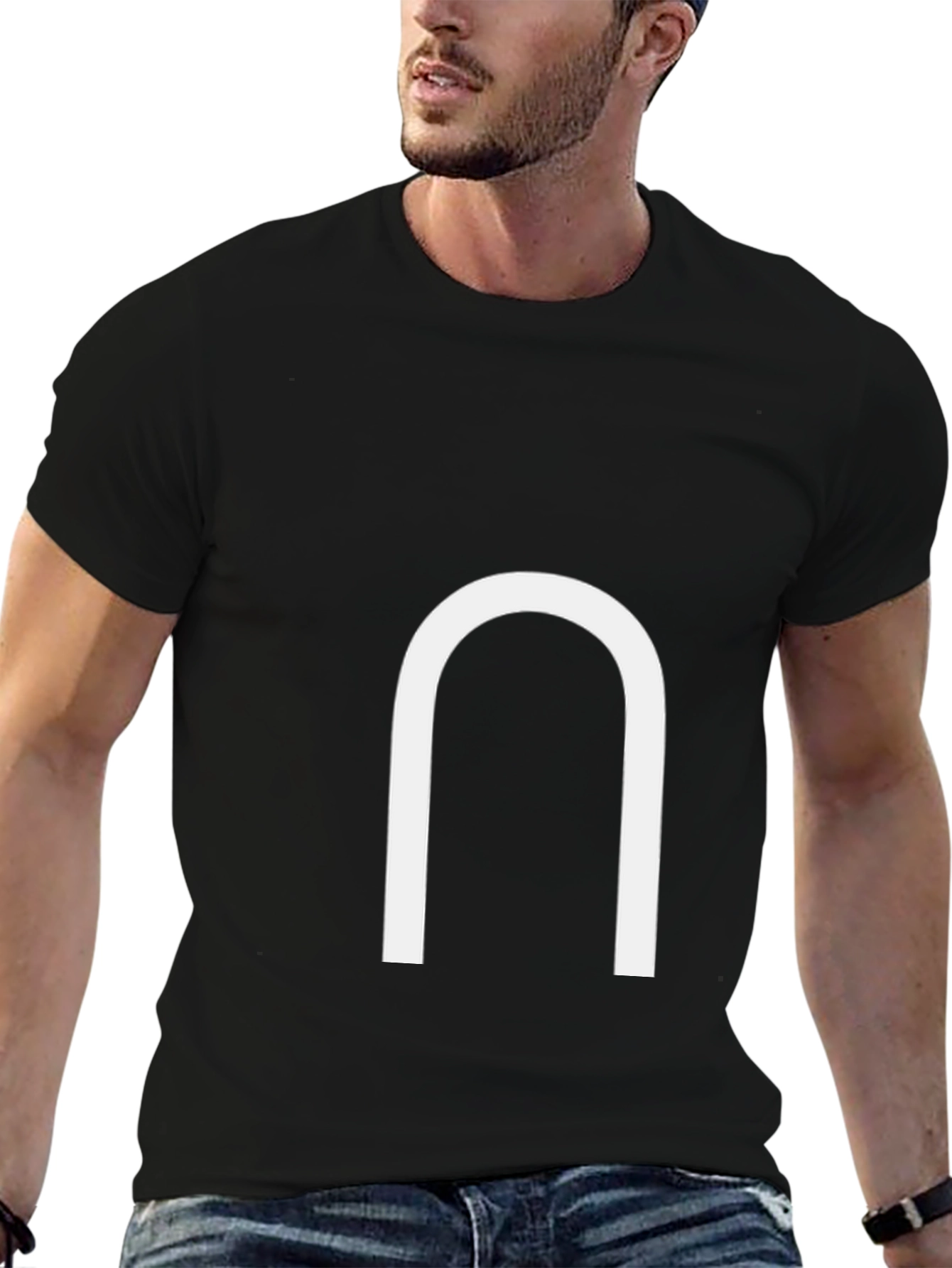Black Minimalist Black Tee with White Horseshoe Design view 6