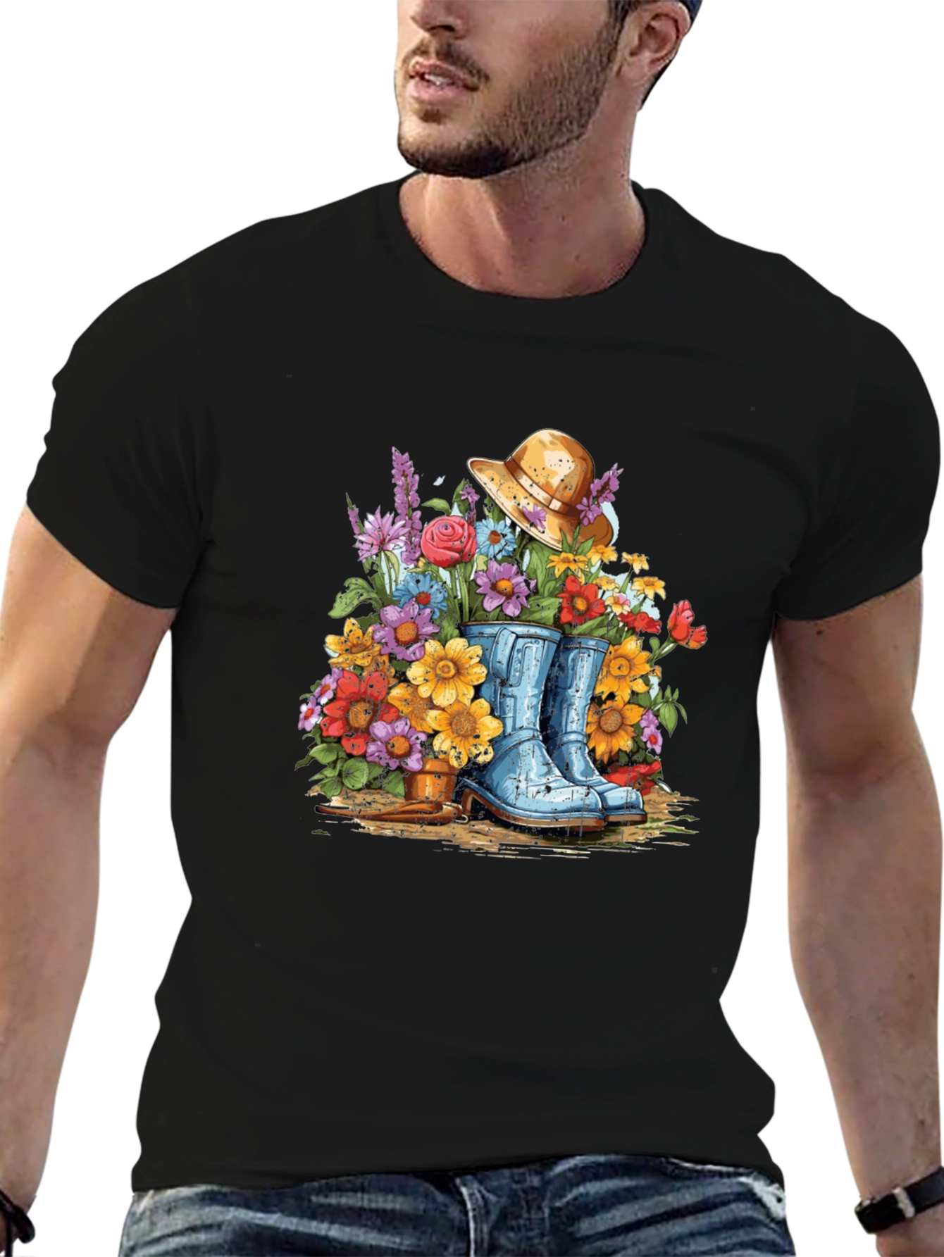 Black Floral Boot T-Shirt - Gardening Design view 6