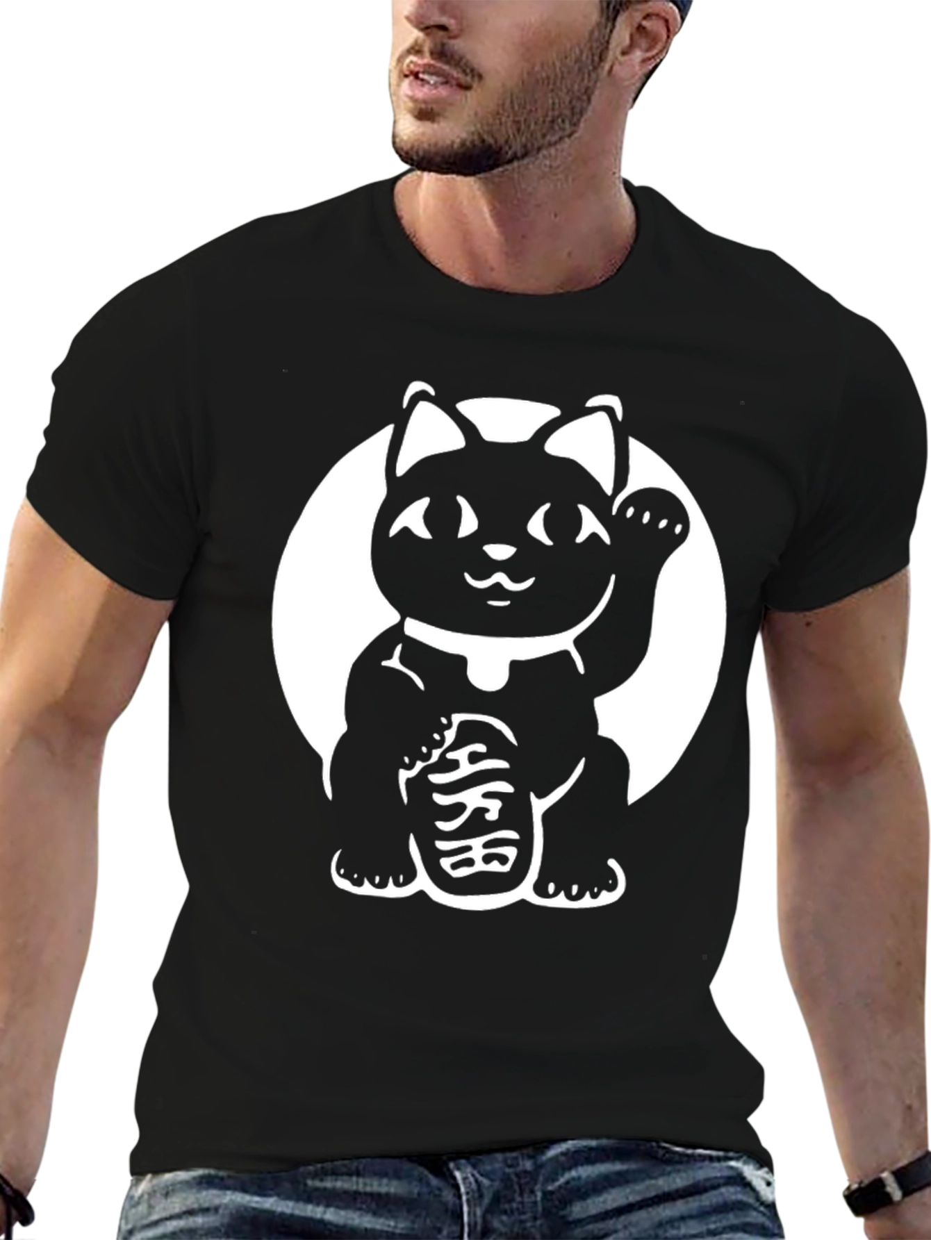Black Lucky Cat Graphic Tee - Black Cotton Blend view 6