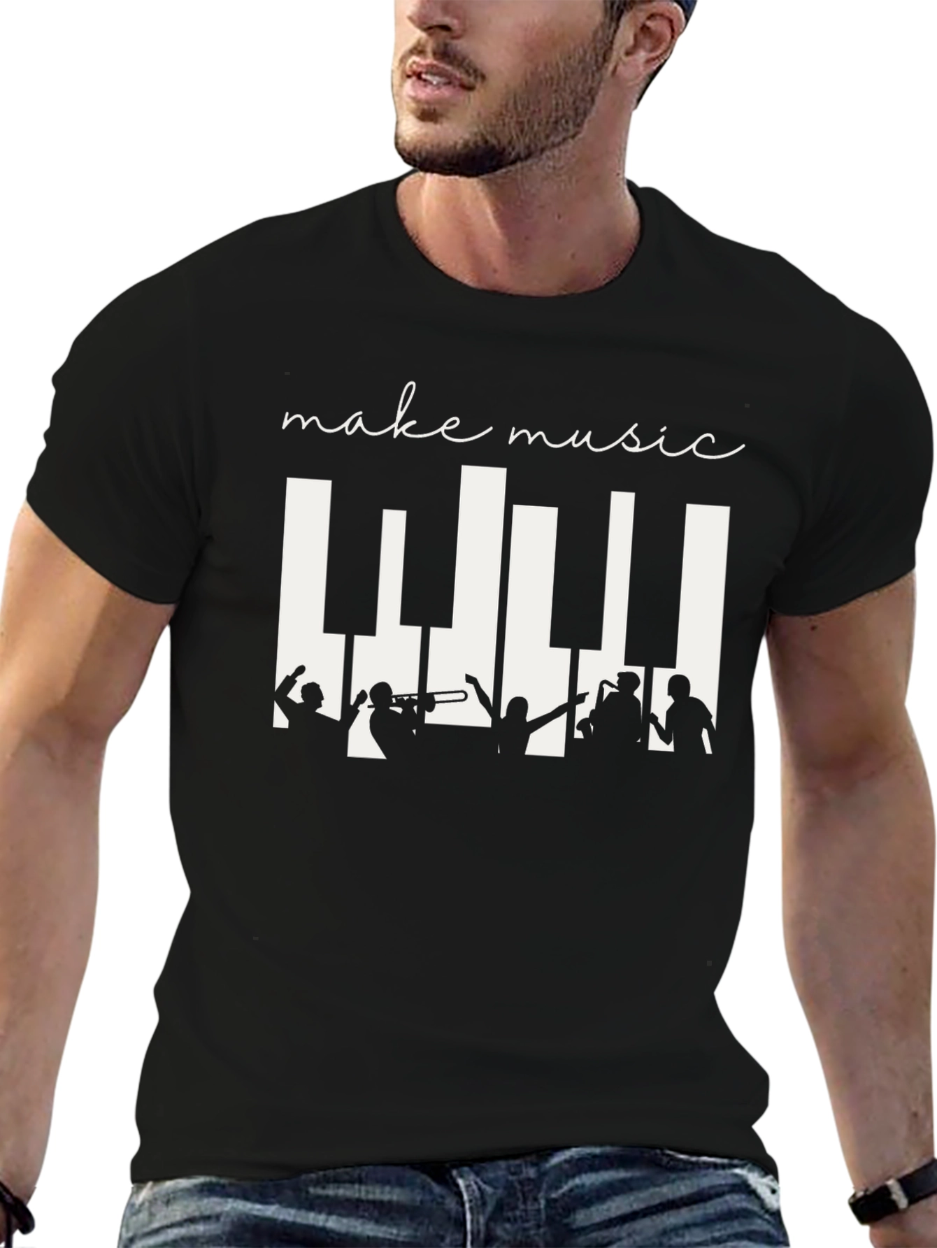 Black Make Music Black T-Shirt - Band Silhouette & Piano Keys Design view 6