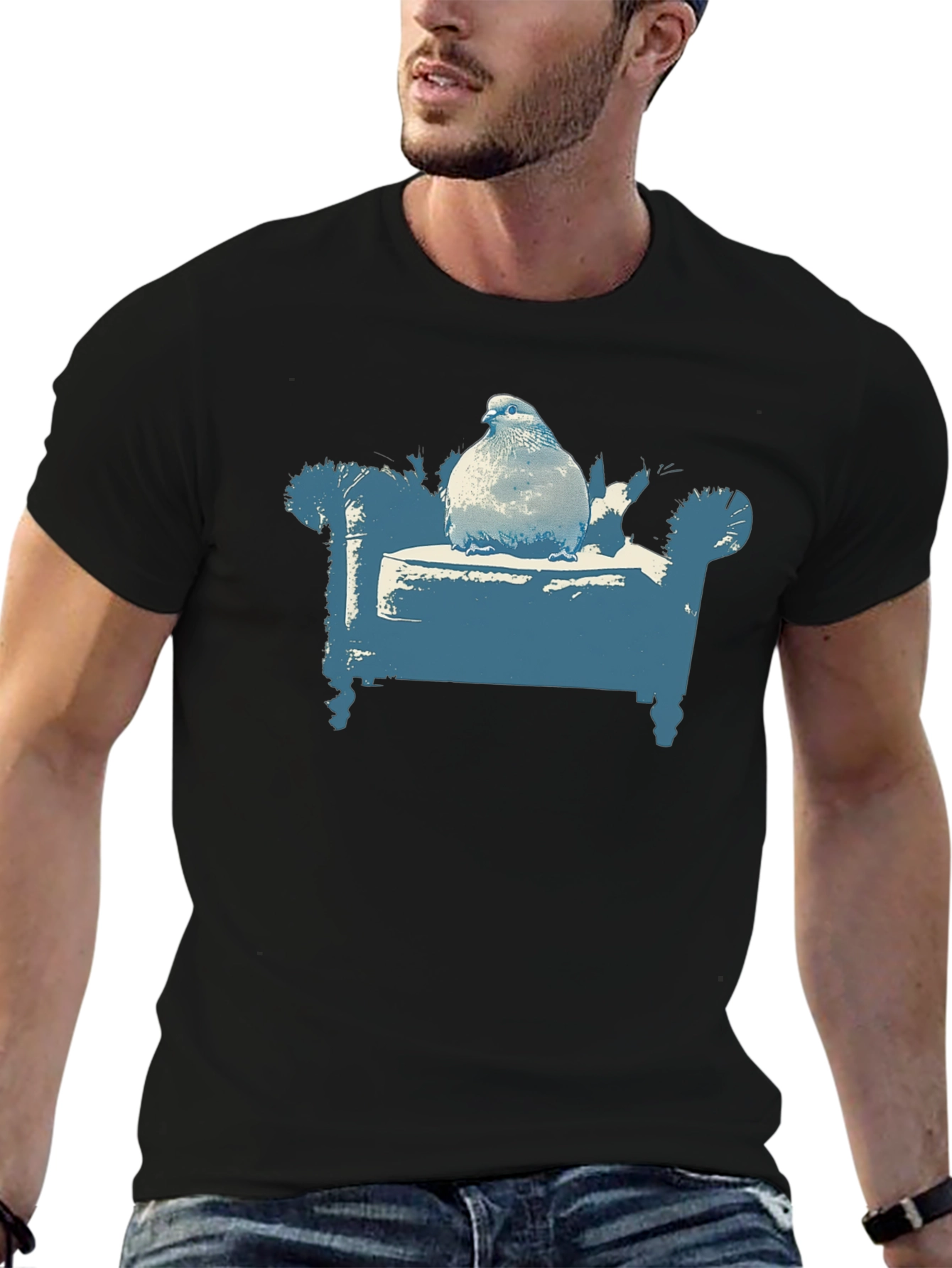 Black Pigeon on Couch Graphic T-Shirt - Quirky Menswear view 6