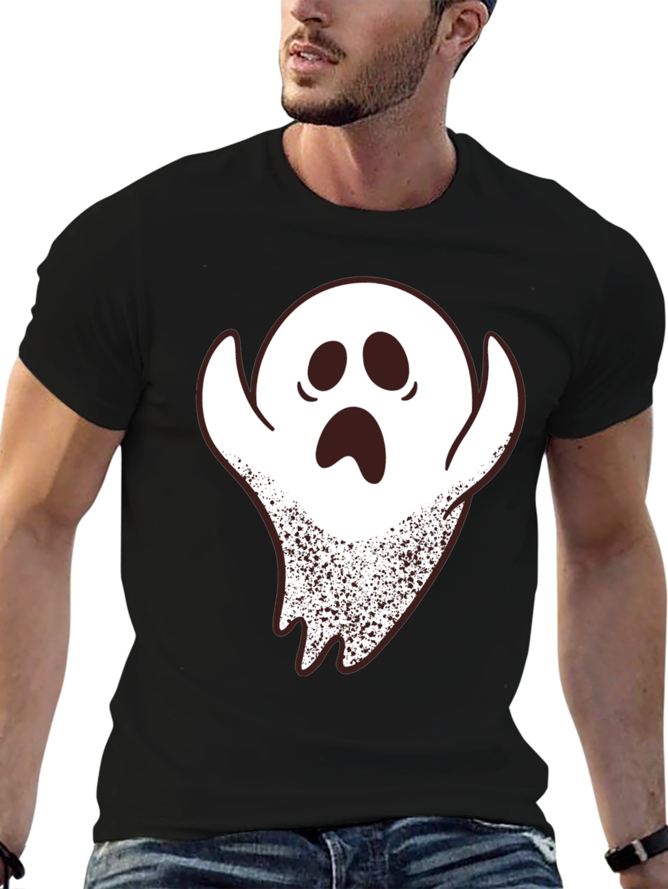 Black Spooky Ghost Graphic Print Black T-Shirt view 6