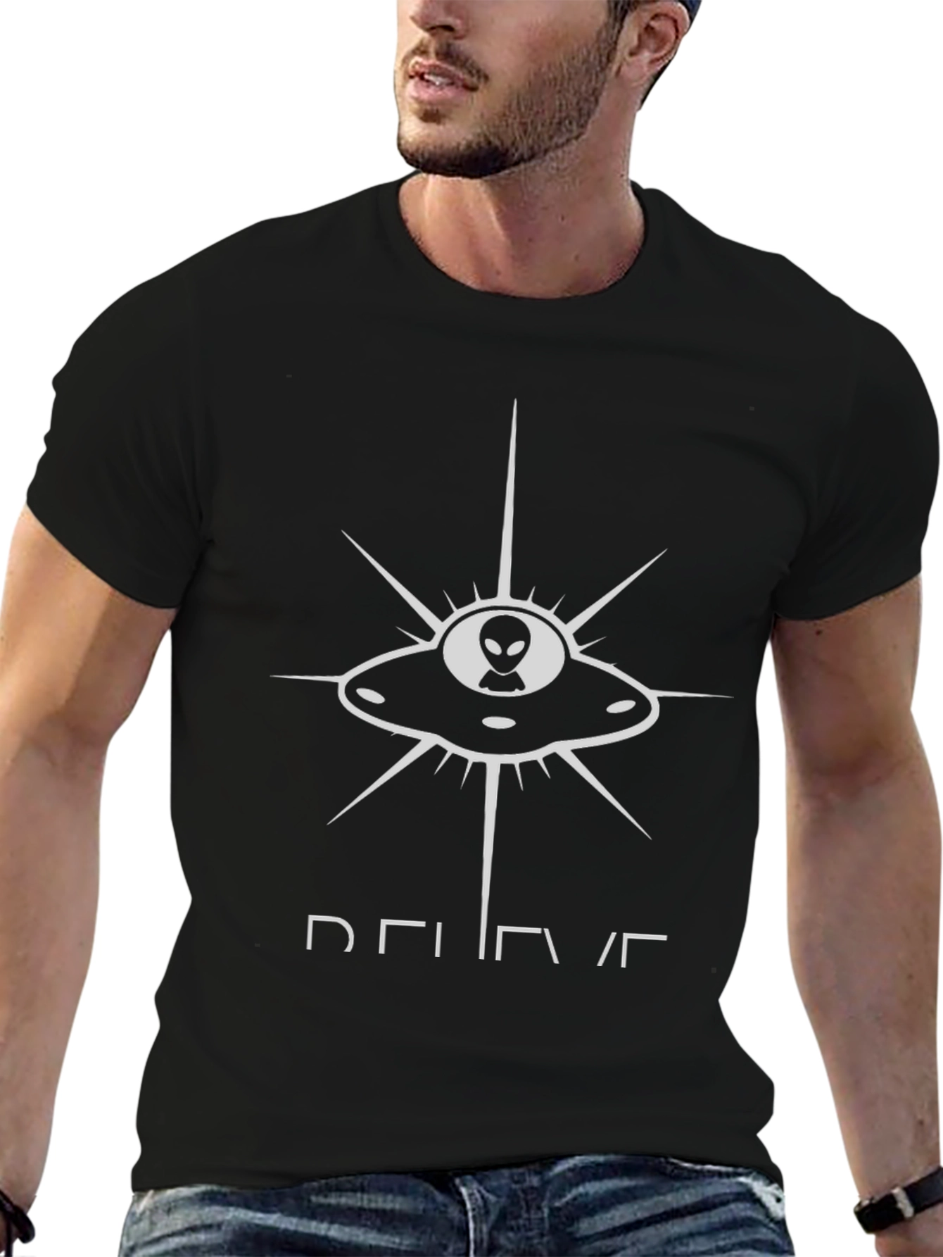 Black Believe Alien UFO Graphic Tee - Black Cotton T-Shirt view 6