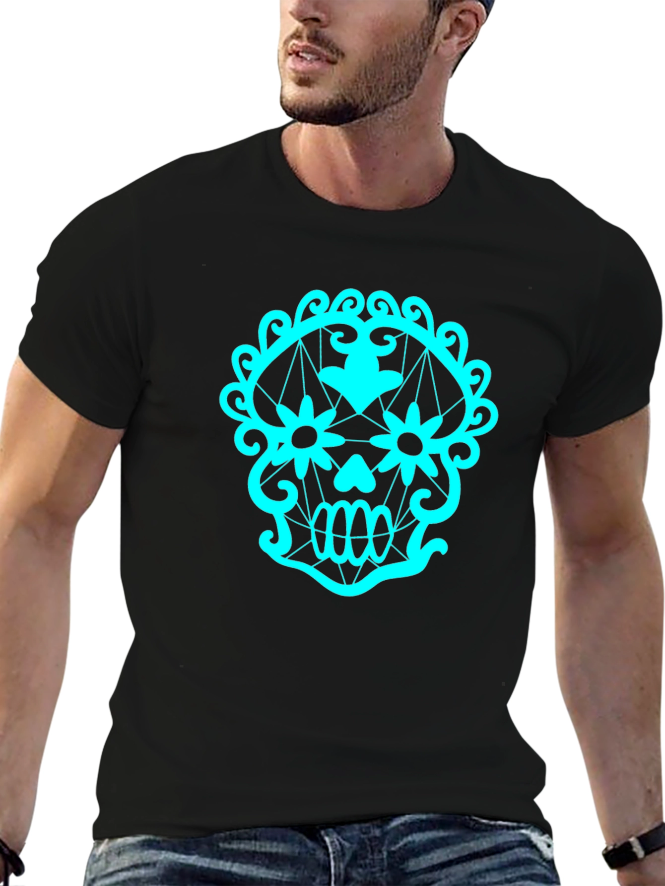 Black Sugar Skull Graphic Tee - Black Cotton T-Shirt view 6