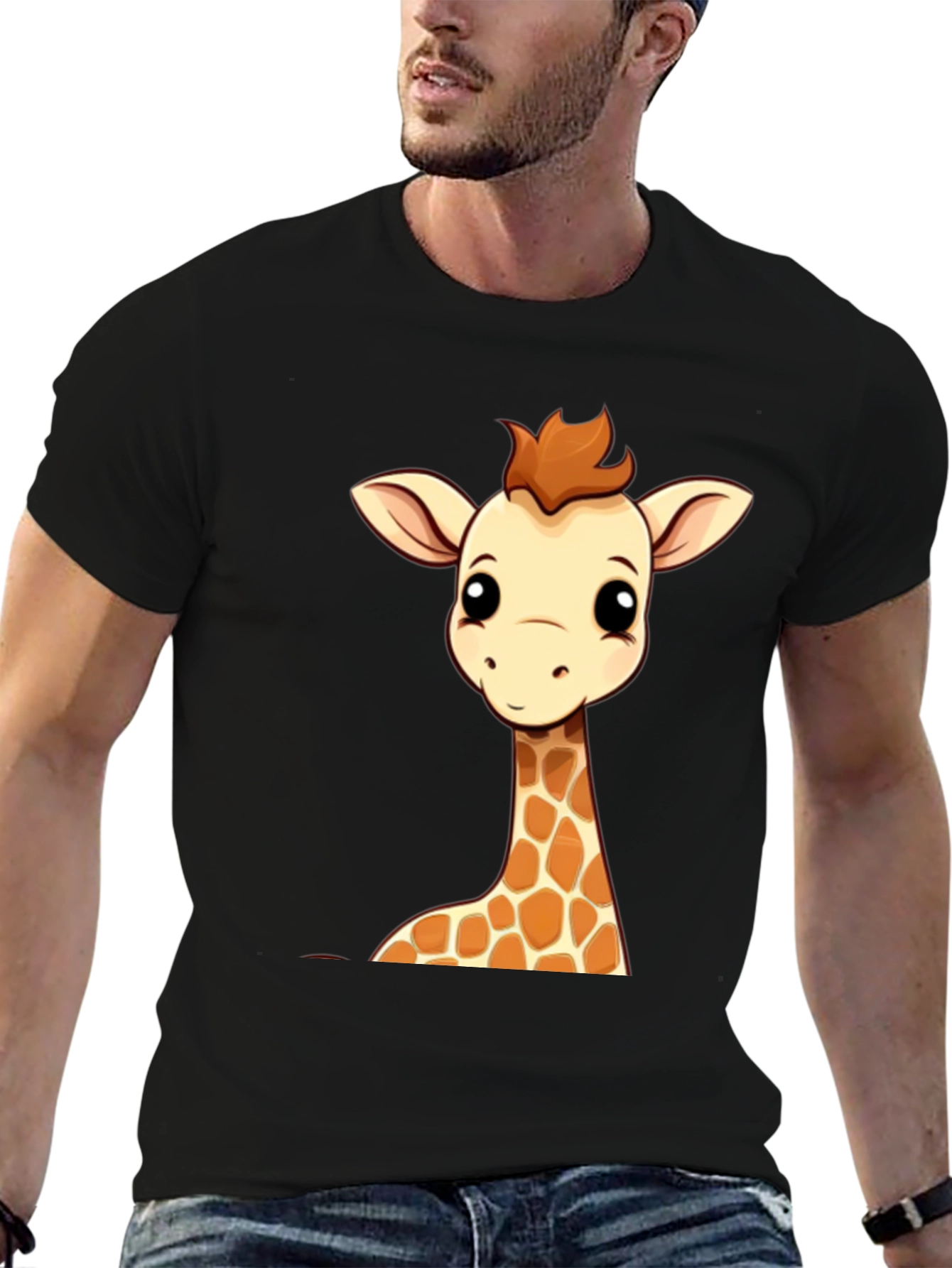 Black Giraffe Cartoon Graphic Print Black Tee view 6