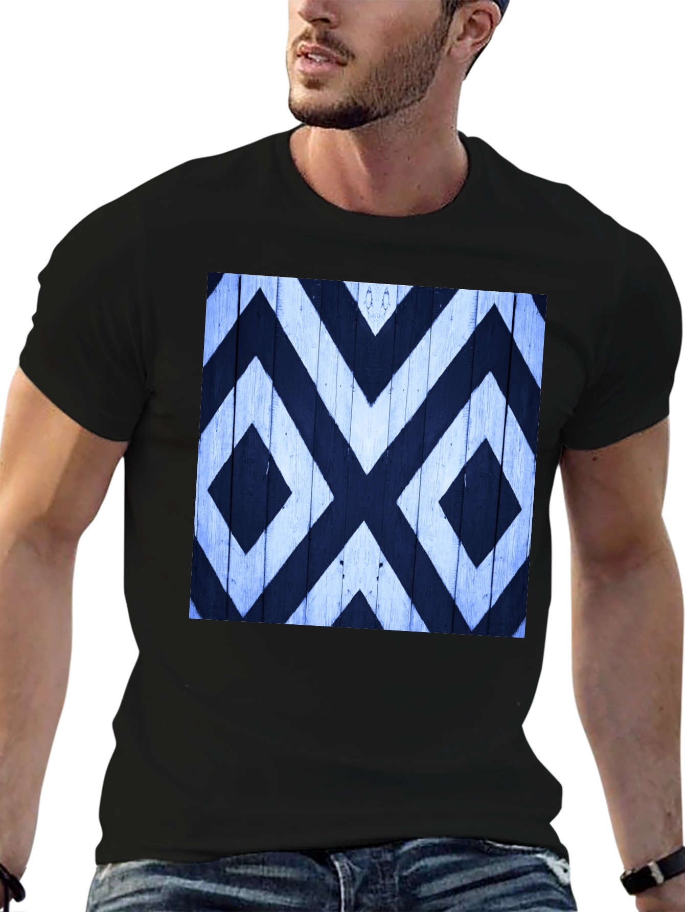 Black Geometric Pattern Tee - Black Cotton Casual Wear view 6