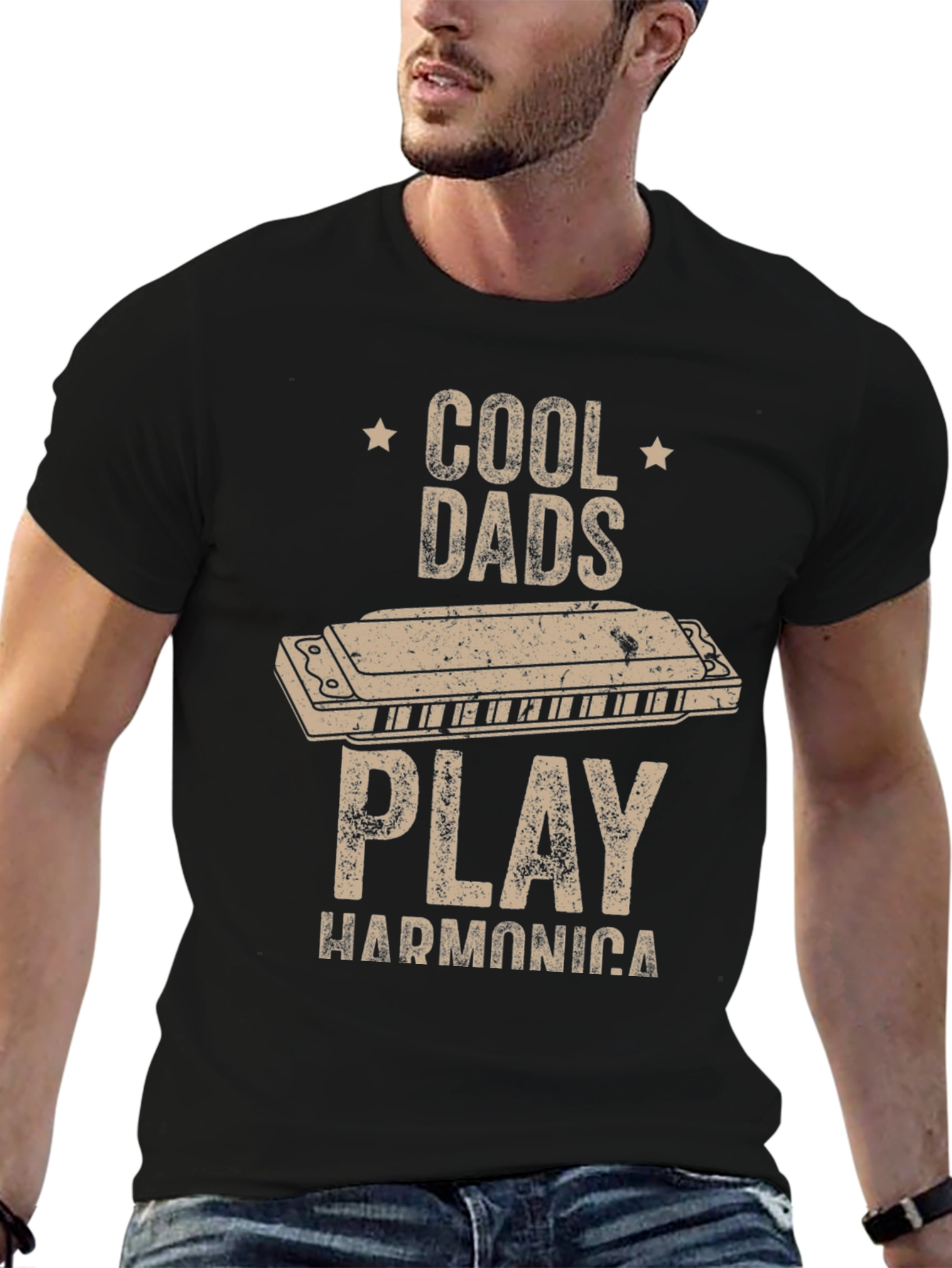 Black Cool Dads Play Harmonica T-Shirt view 6