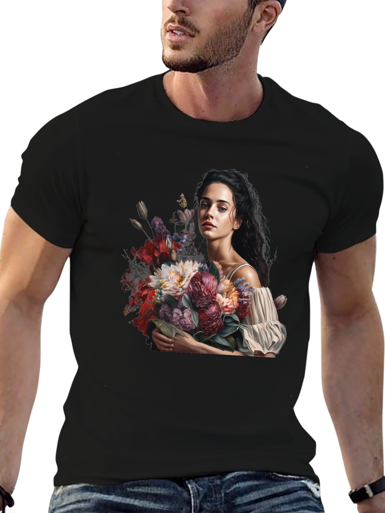 Floral Portrait Black T-Shirt - 6