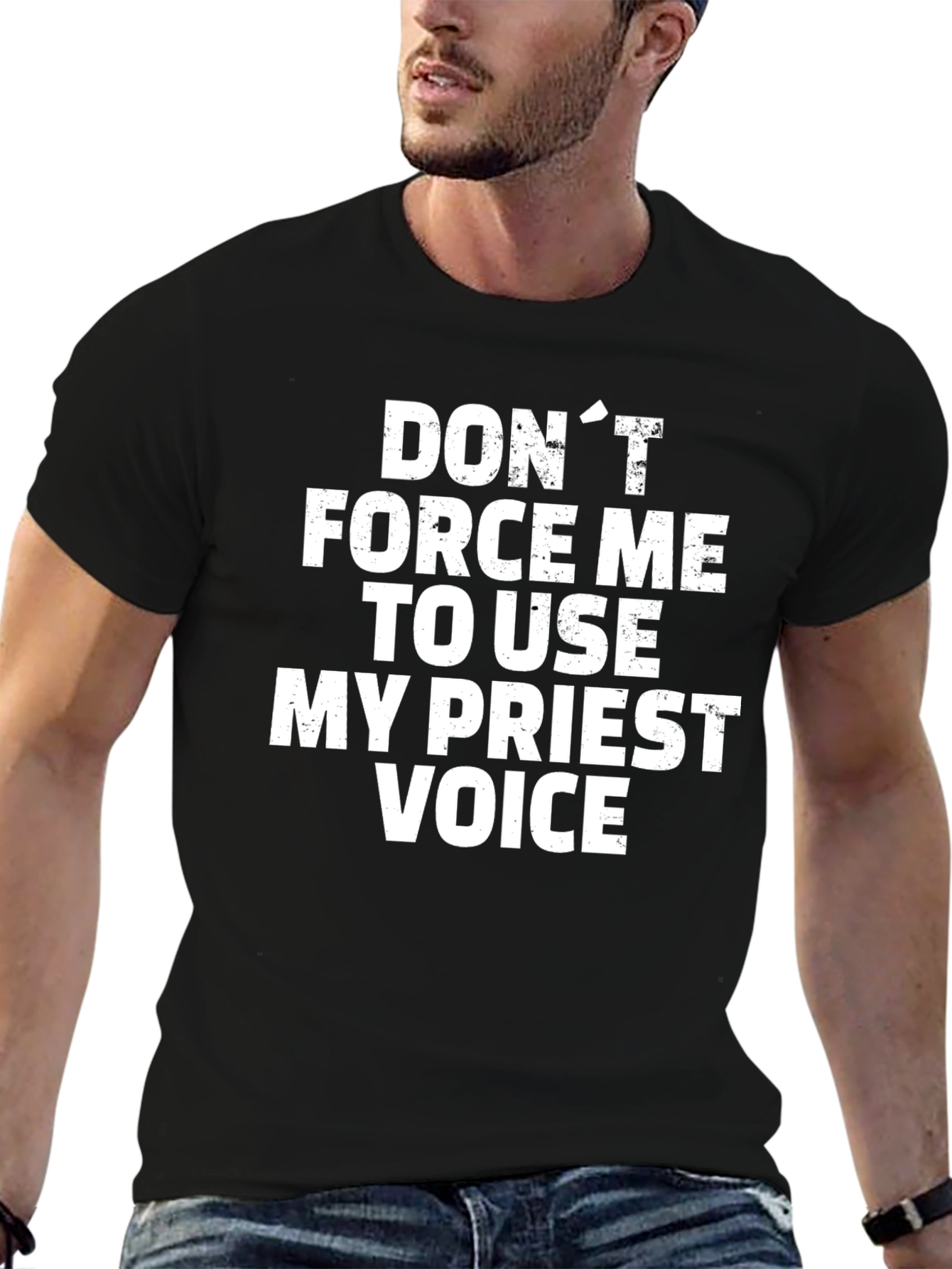Black Funny Priest Voice T-Shirt view 6