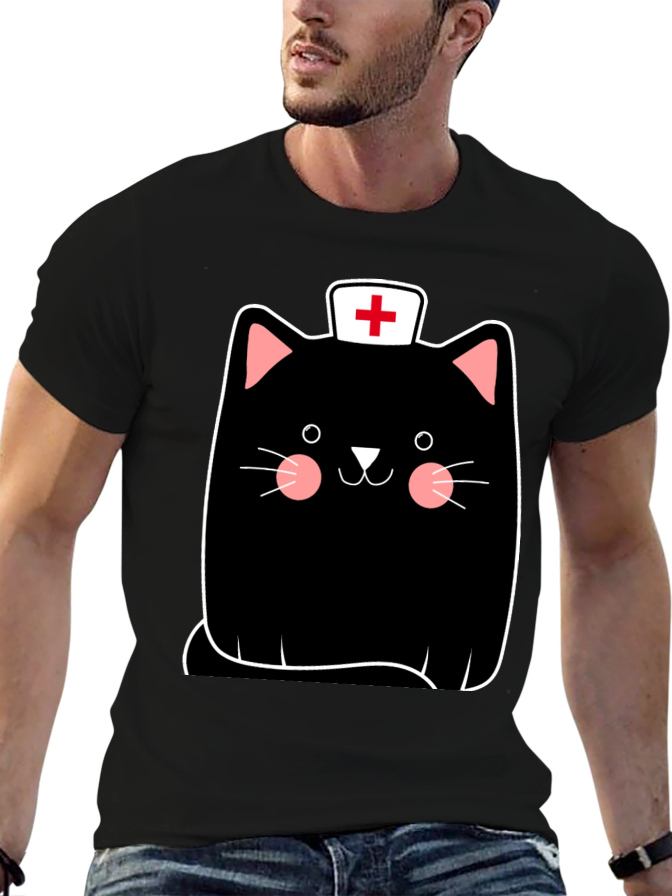 Black Nurse Cat Graphic Tee - Black Cotton T-Shirt view 6