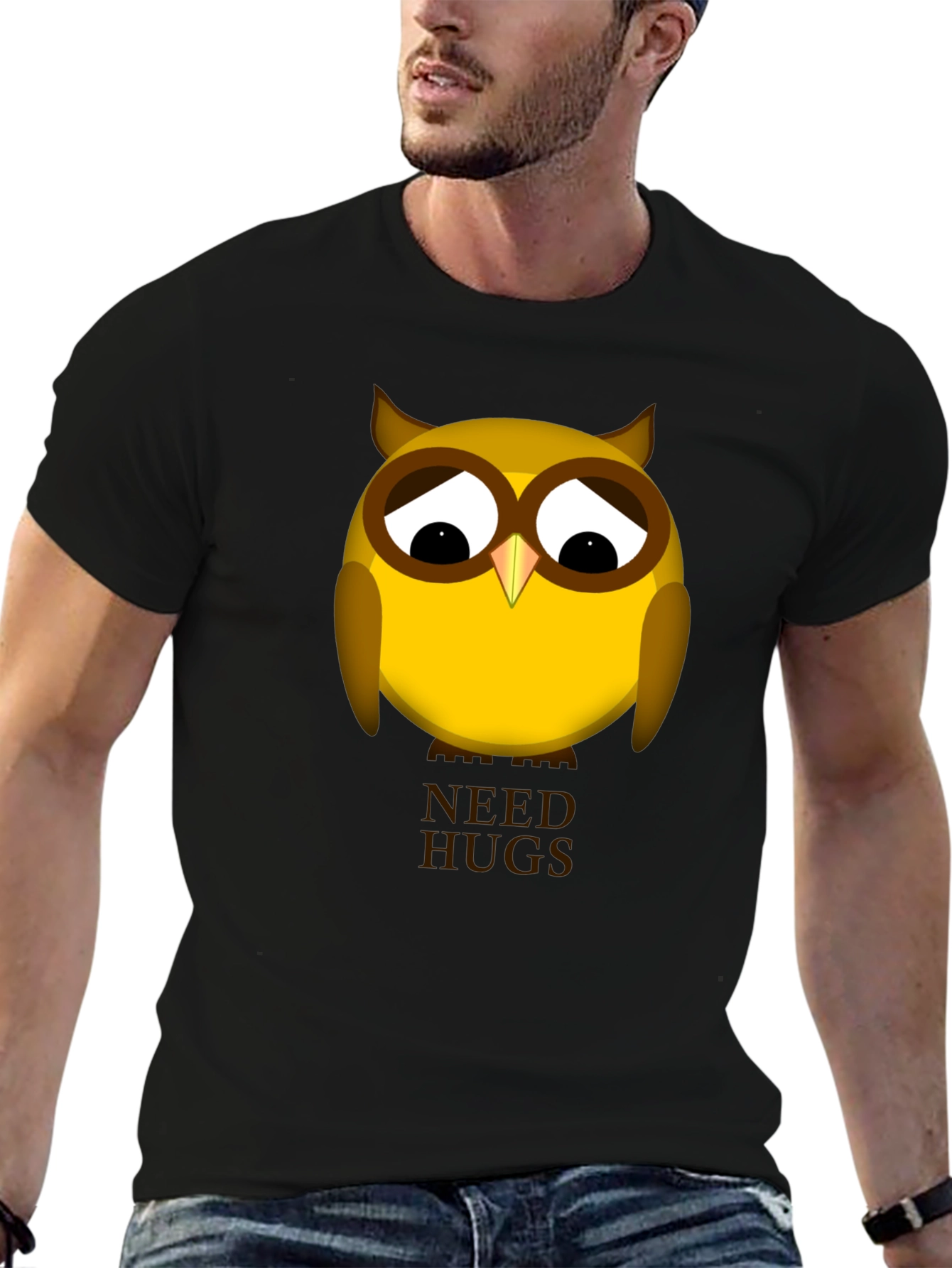 Black Sad Owl Needs Hugs Graphic T-Shirt - Unisex Black Tee view 6