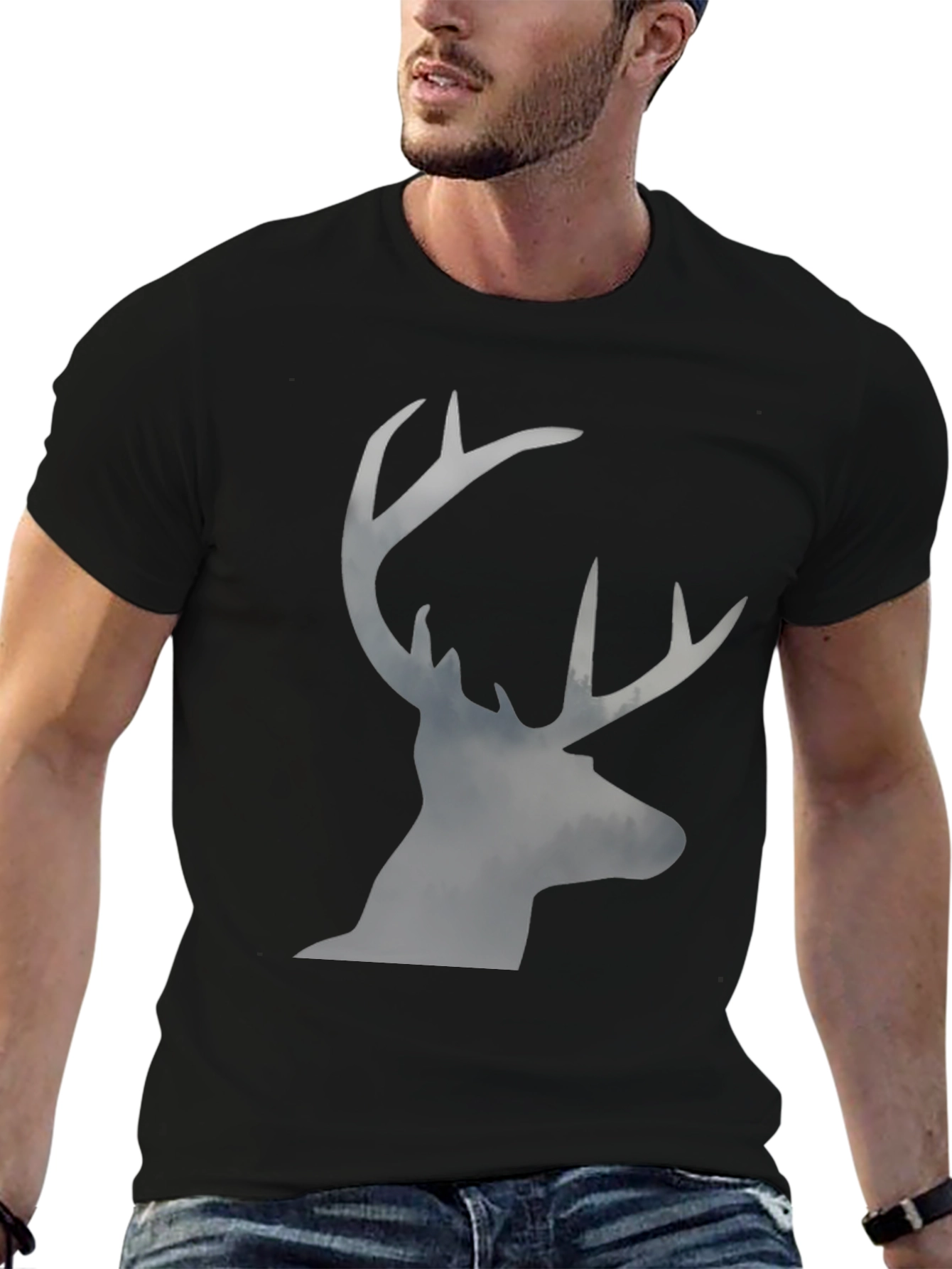 Black Men's Black T-Shirt with Stag Silhouette Graphic view 6