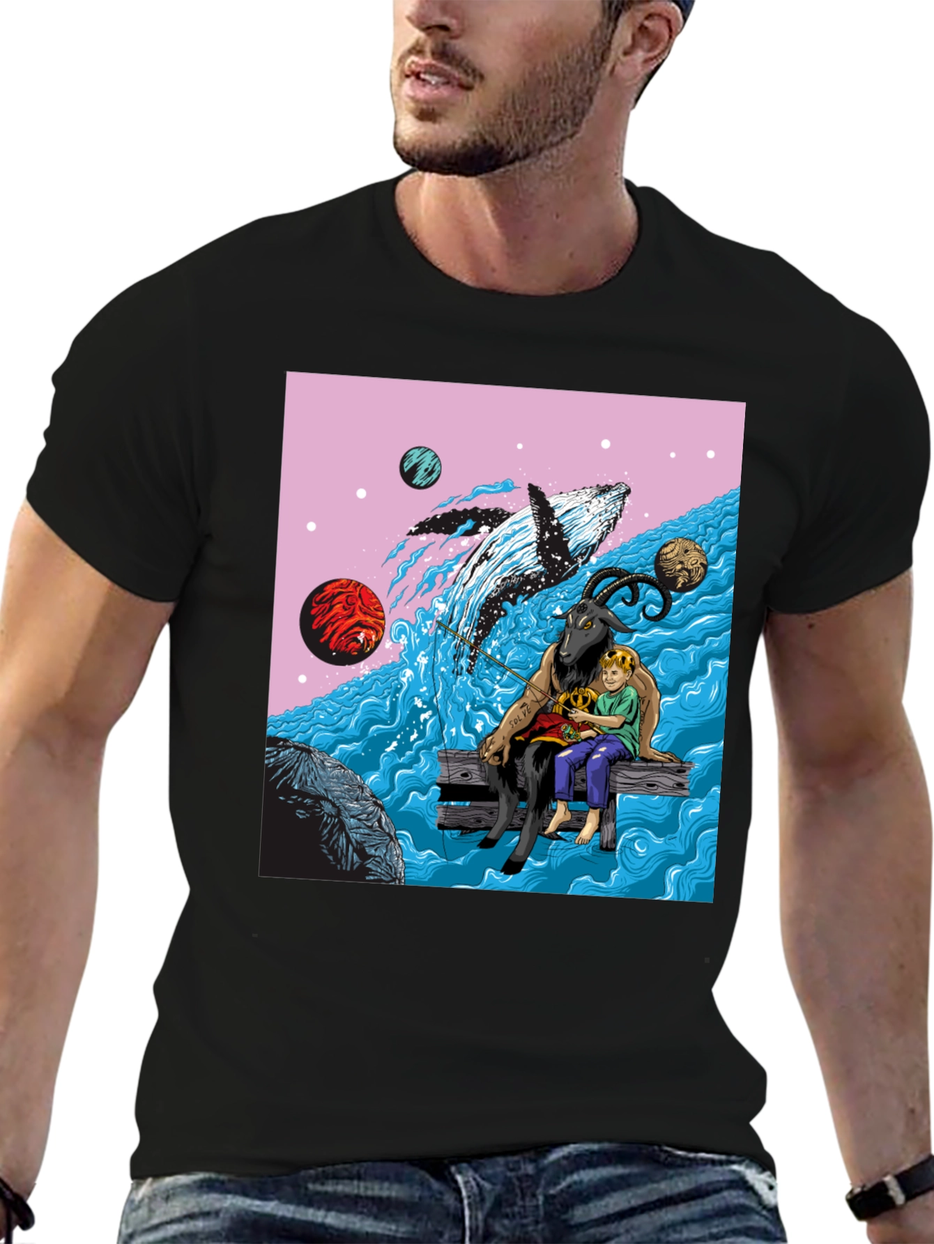 Black Whimsical Goat, Boy, and Whale Graphic Tee view 6