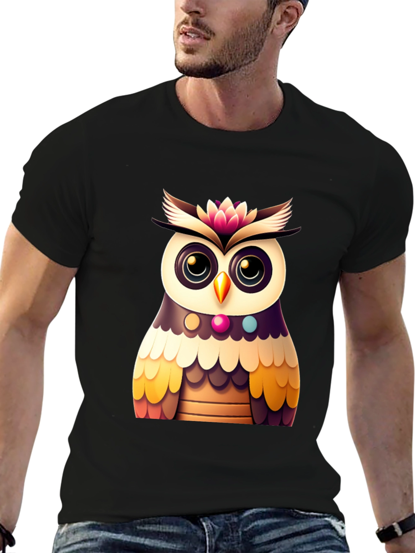 Black Cute Owl Graphic Tee - Black Casual T-Shirt view 6