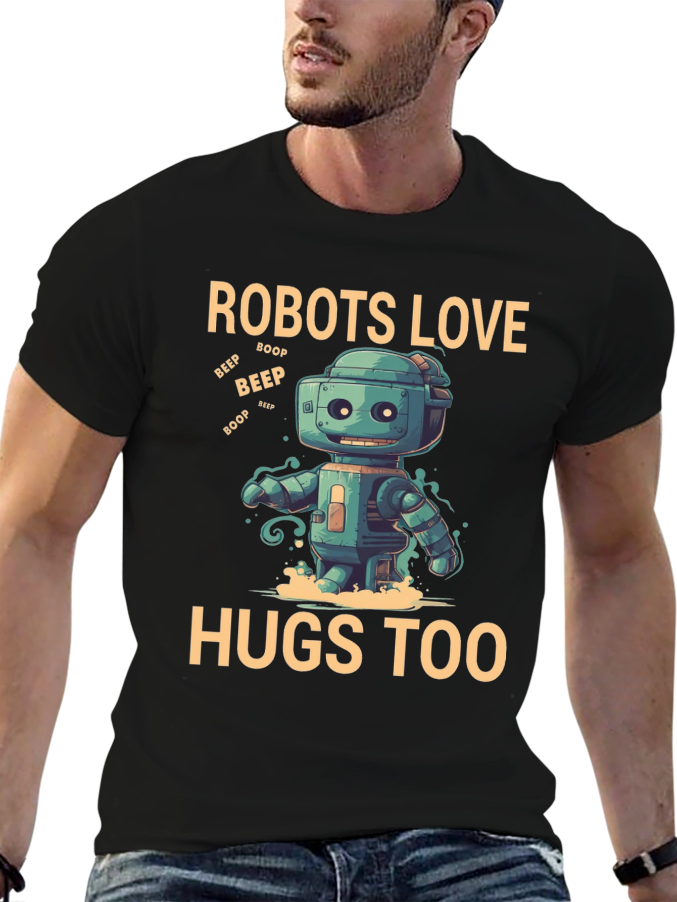 Black Robots Love Hugs Too T-Shirt, Graphic Tee view 6