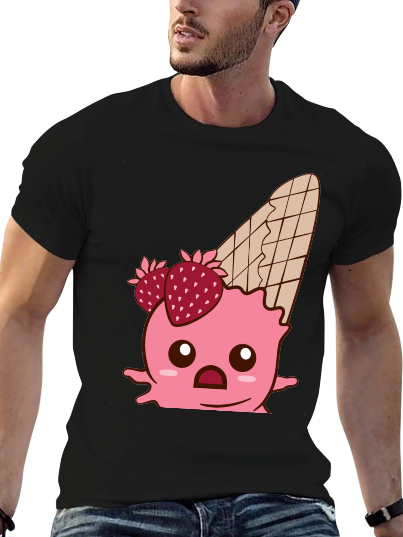Black Kawaii Strawberry Ice Cream Cone Graphic Tee view 6