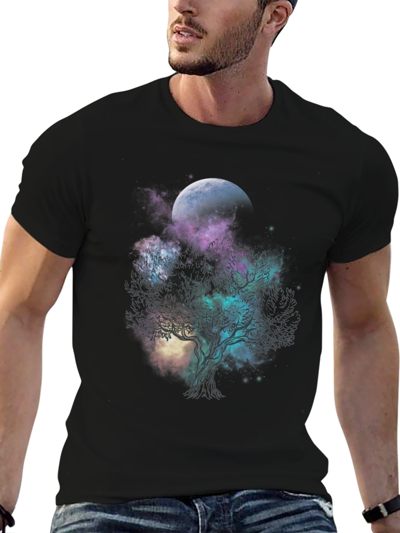Black Celestial Tree Graphic T-Shirt - Black Cotton Tee view 6