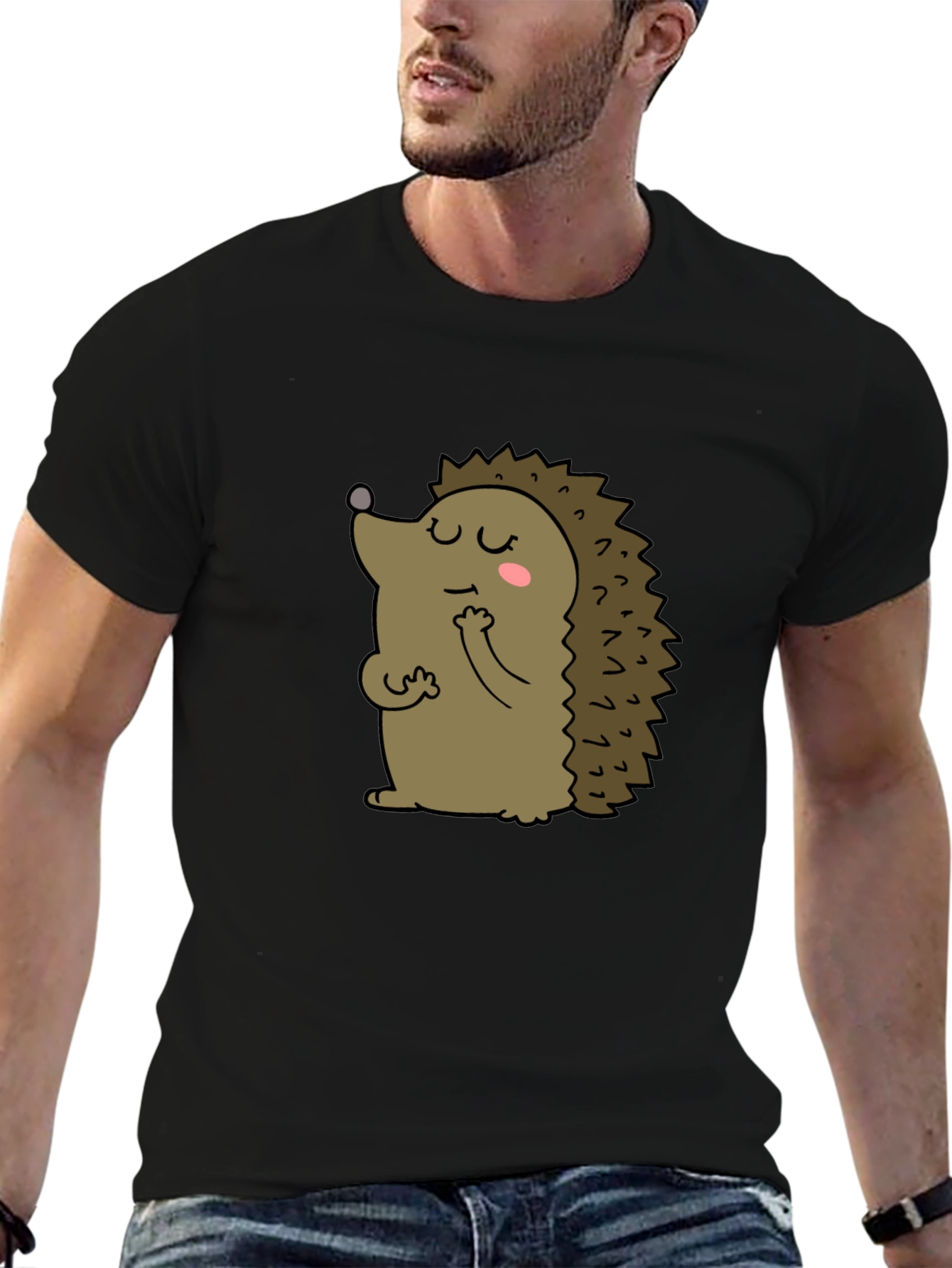 Black Cute Hedgehog Graphic Tee - Unisex Black T-Shirt view 6
