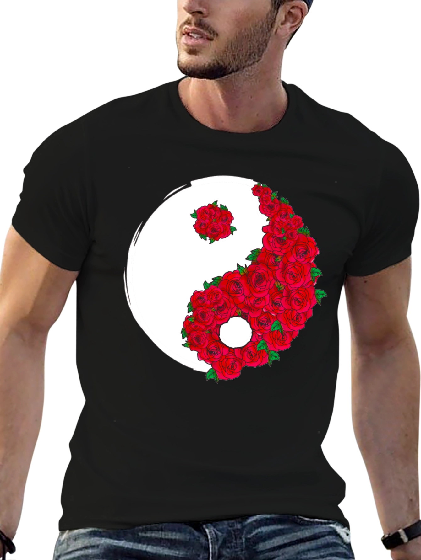 Black Yin Yang Rose Graphic T-Shirt view 6