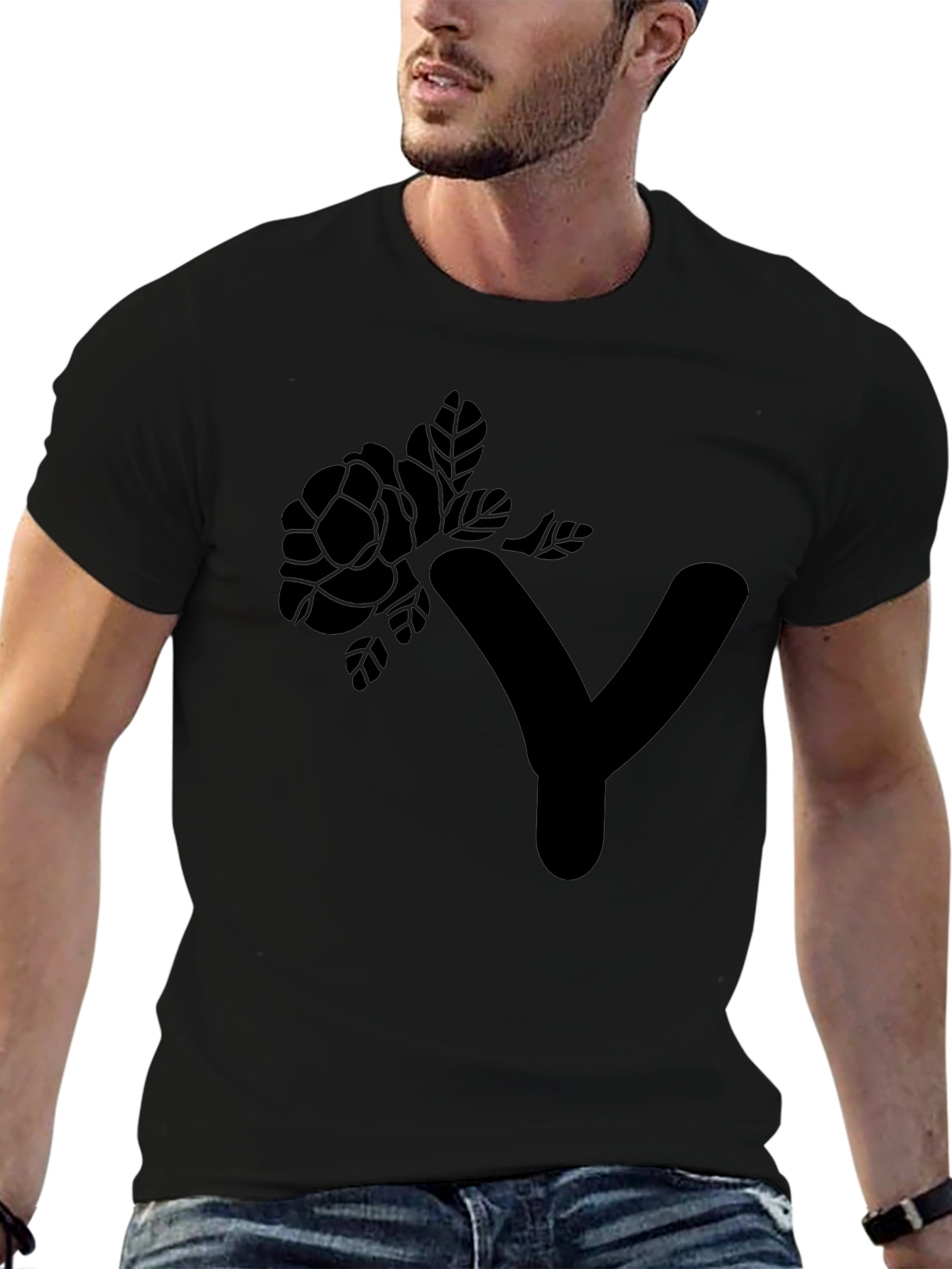 Black Floral Y Graphic Tee - Modern Black Cotton T-Shirt view 6