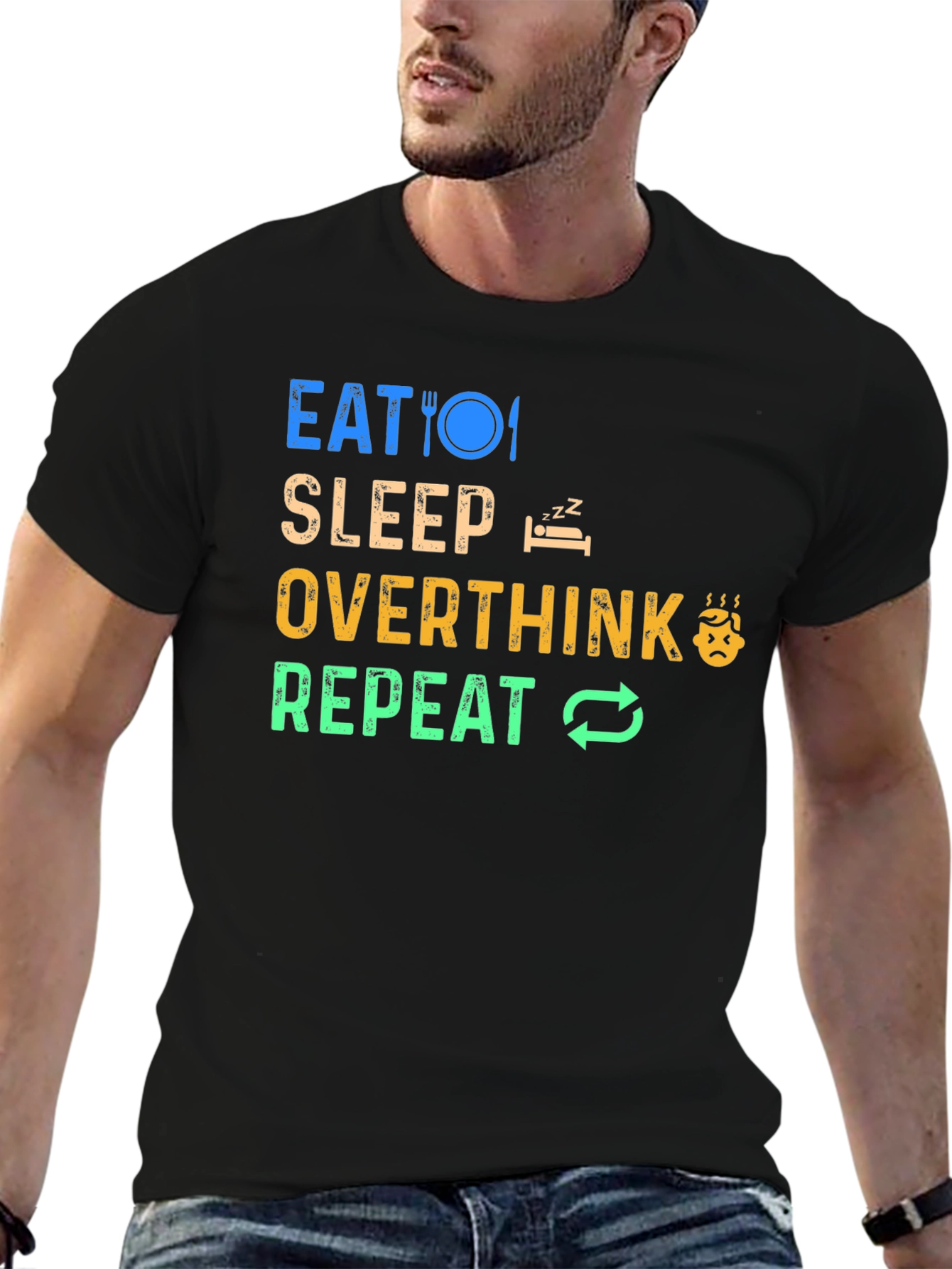 Black Eat Sleep Overthink Repeat Graphic Tee - Black view 6