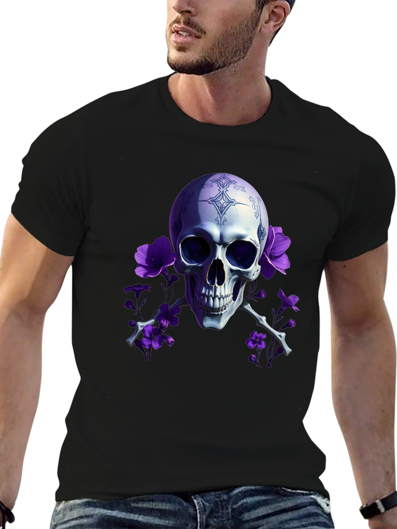 Black Skull & Flowers Graphic Tee view 6