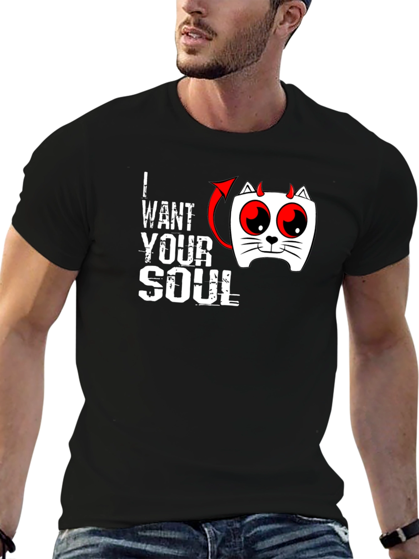 I Want Your Soul Cat Devil Graphic Black T-Shirt - 6