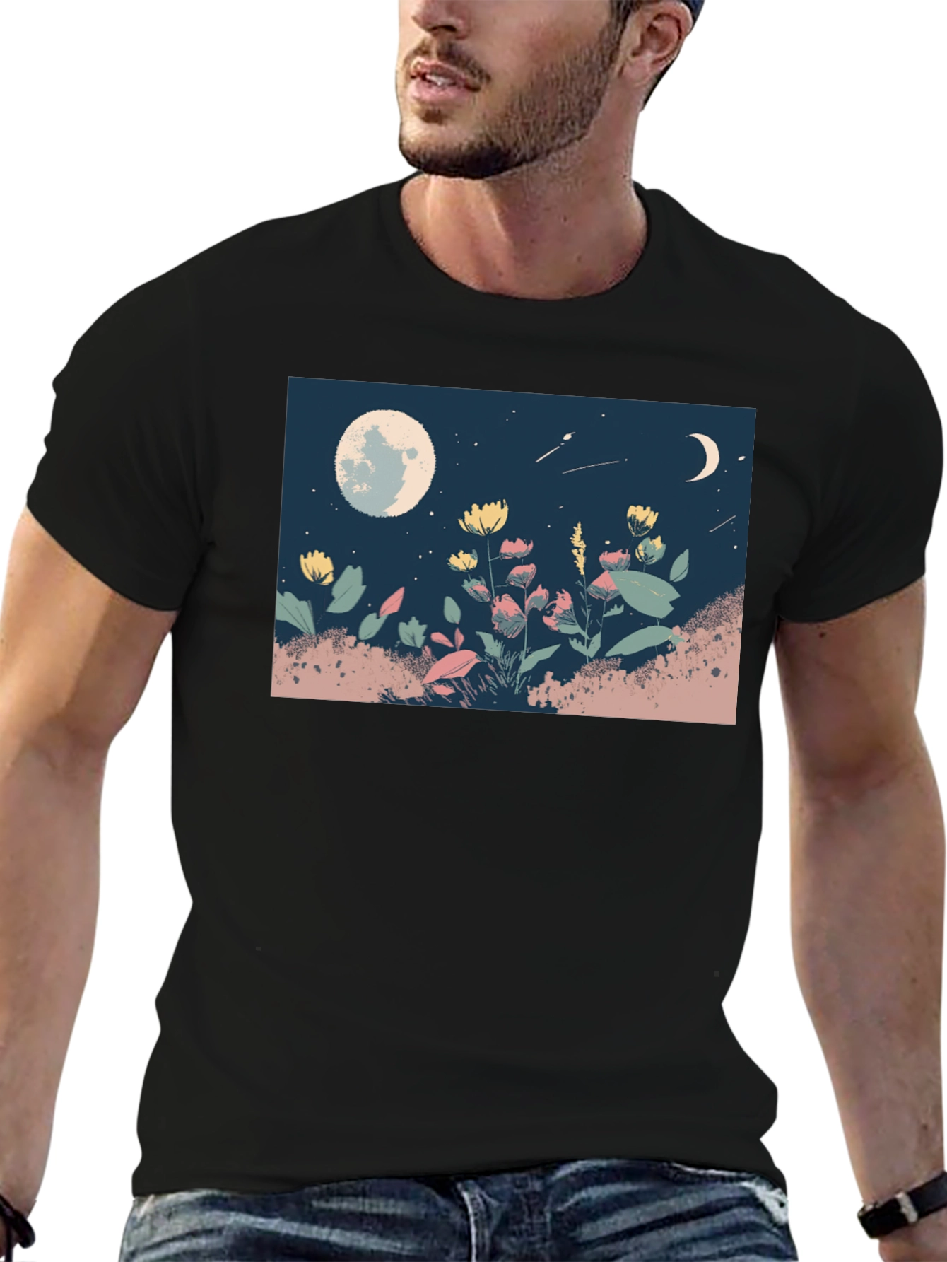 Moonlit Meadow Graphic Tee - Black Casual Shirt - 6