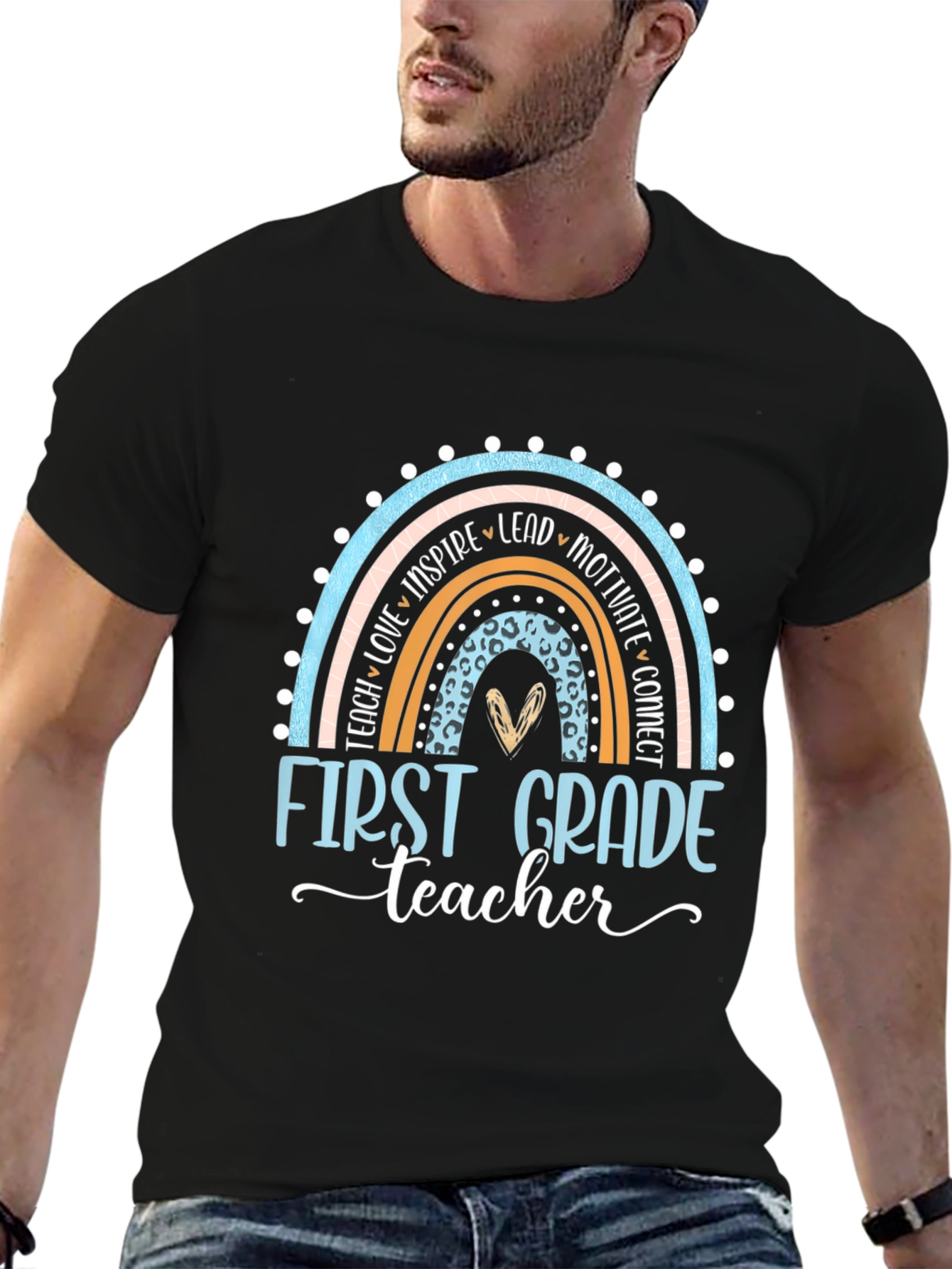 Black First Grade Teacher Rainbow T-Shirt view 6