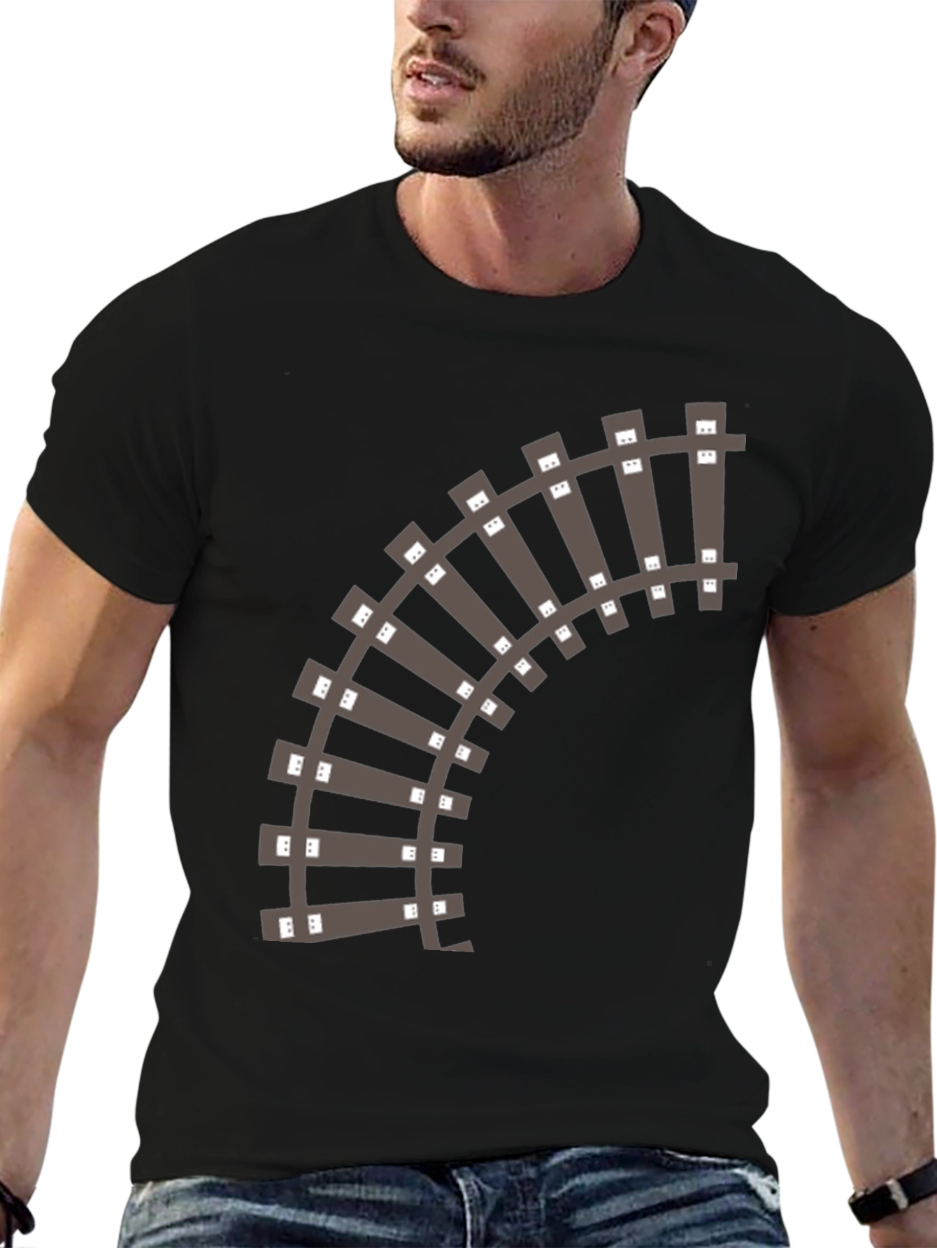 Black Railroad Track Graphic T-Shirt - Black Cotton Tee view 6