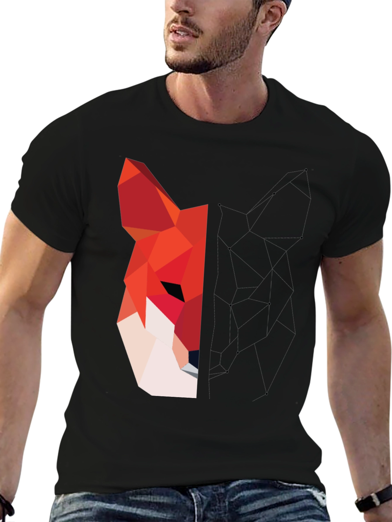 Black Geometric Fox Graphic Black T-Shirt view 6