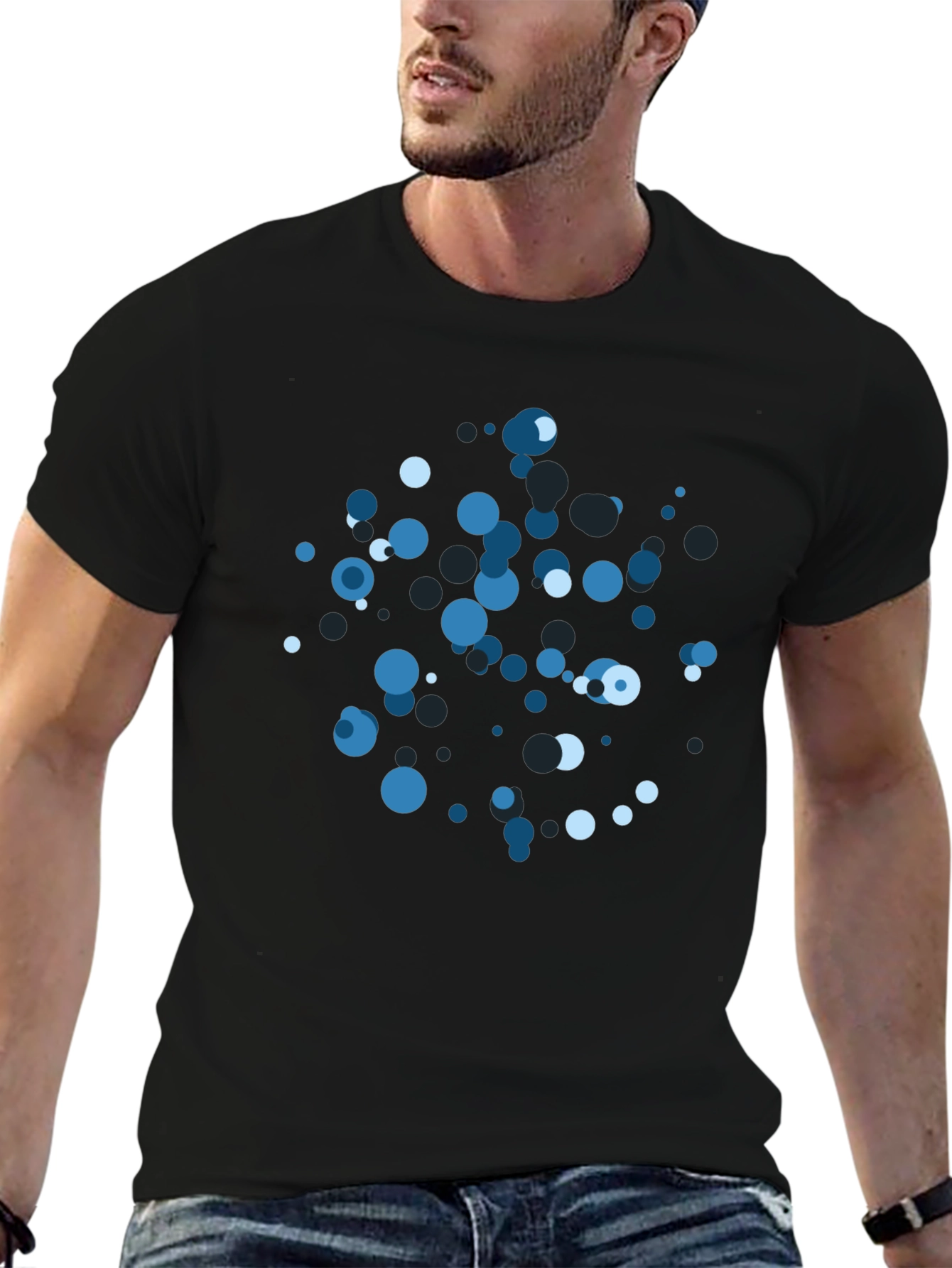 Black Abstract Blue Bubble Print Black T-Shirt view 6