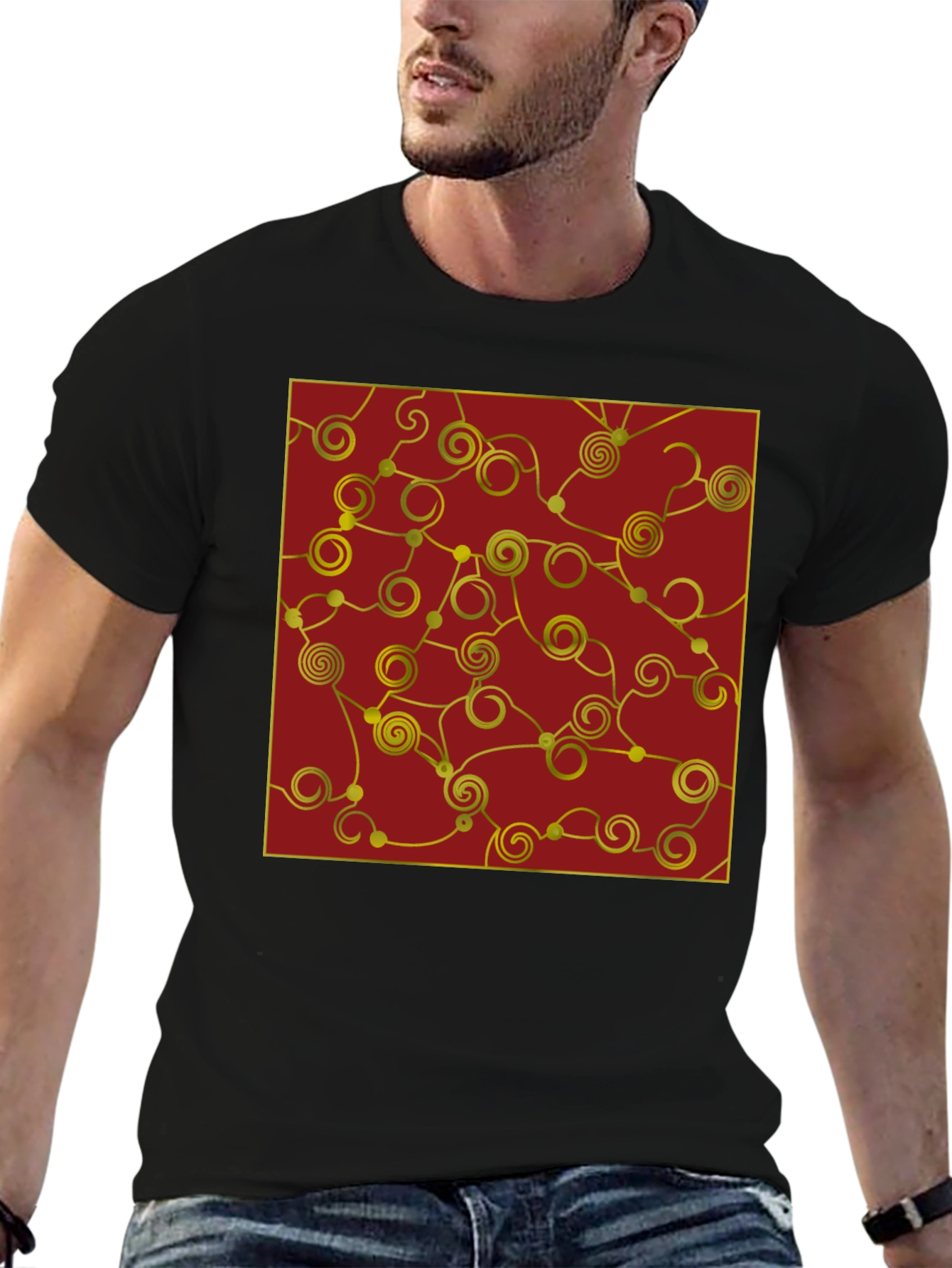 Black Stylish Black T-Shirt with Gold Swirl Graphic view 6