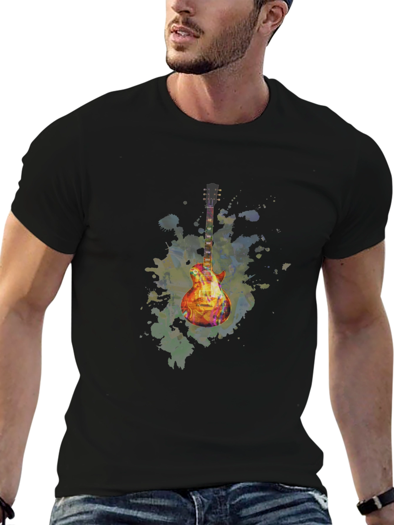 Black Electric Guitar Watercolor Graphic Tee view 6