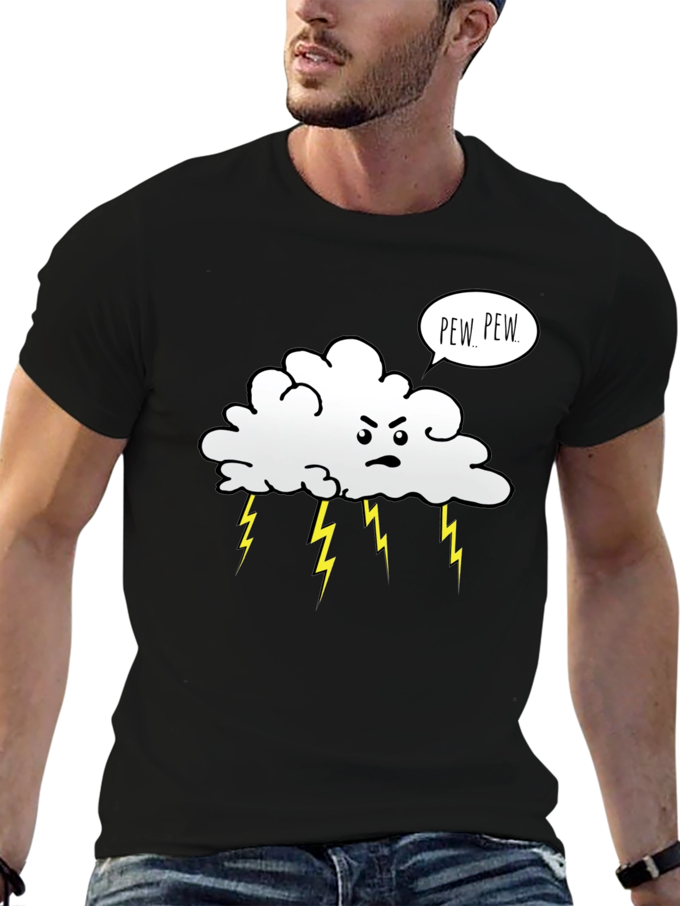 Black Angry Cloud Pew Pew Black Graphic T-Shirt view 6