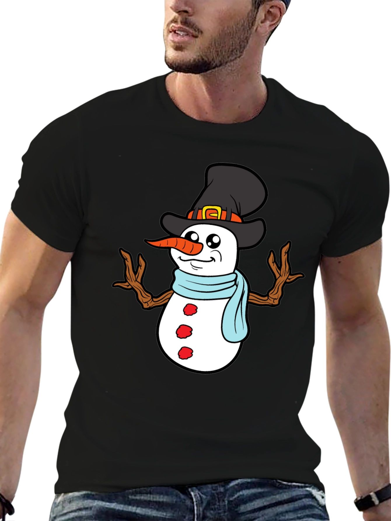 Black Snowman Graphic Tee - Festive Winter Holiday Shirt view 6