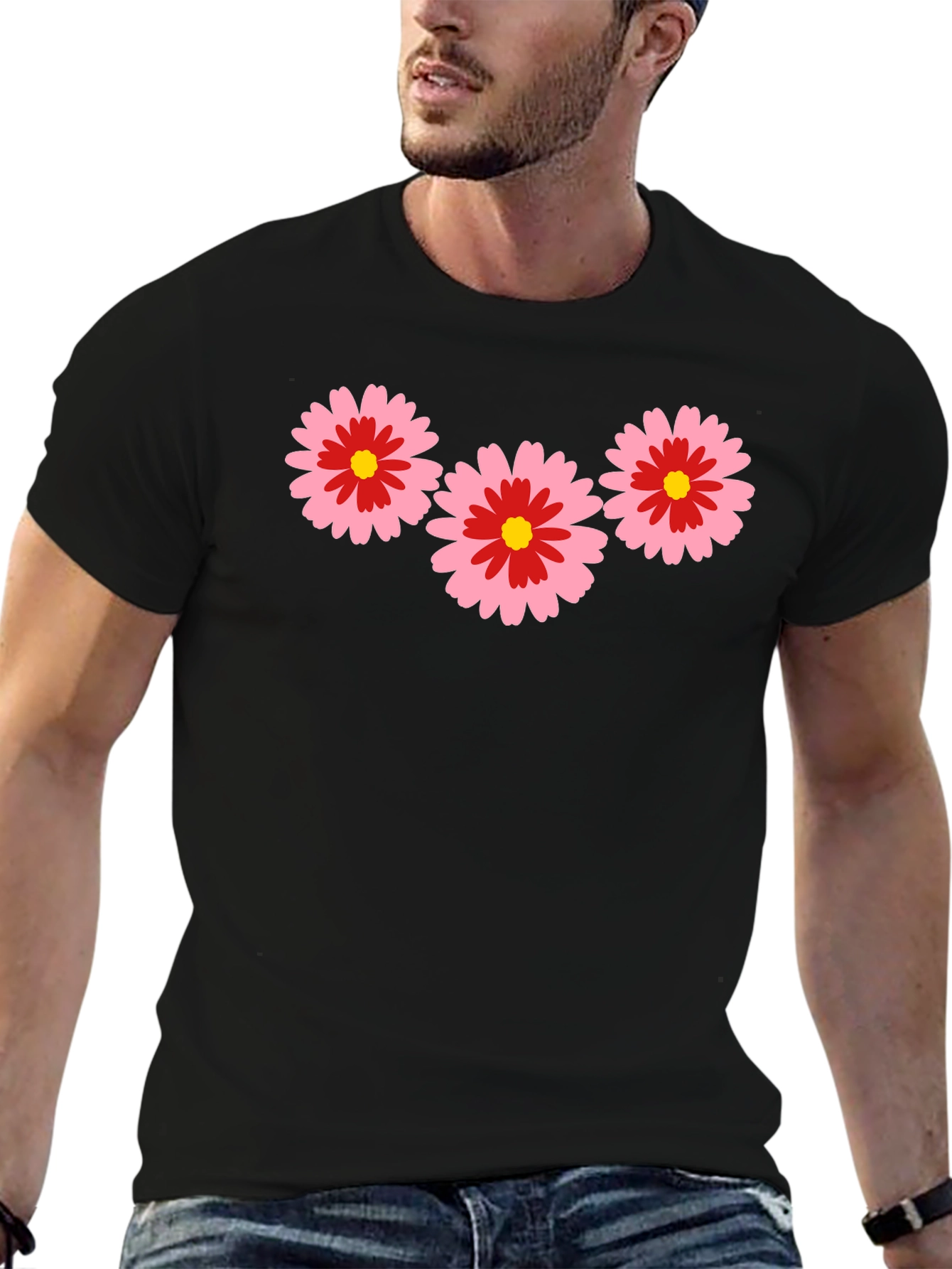 Black Black T-Shirt with Pink Flower Design view 6