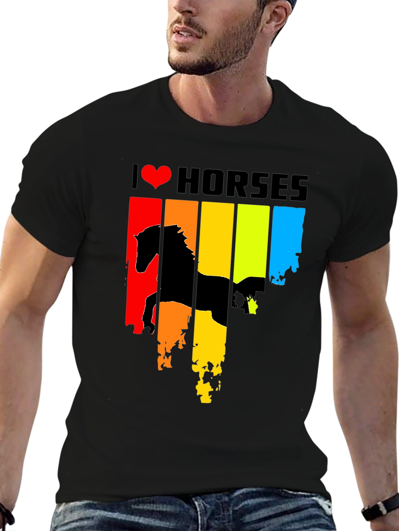 Black I Heart Horses Graphic Tee - Rainbow Horse Design view 6