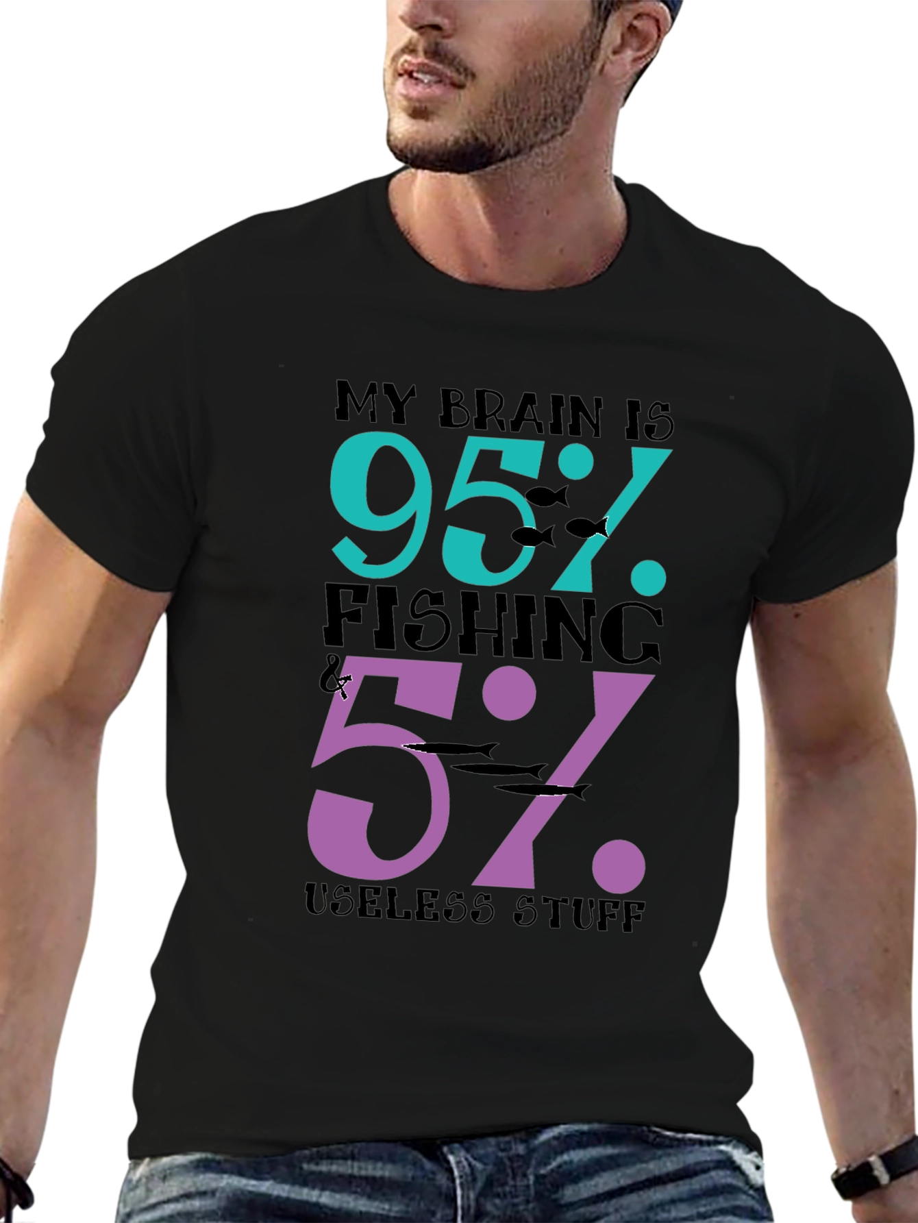 Black My Brain Is 95% Fishing T-Shirt - Funny Fisherman Tee view 6