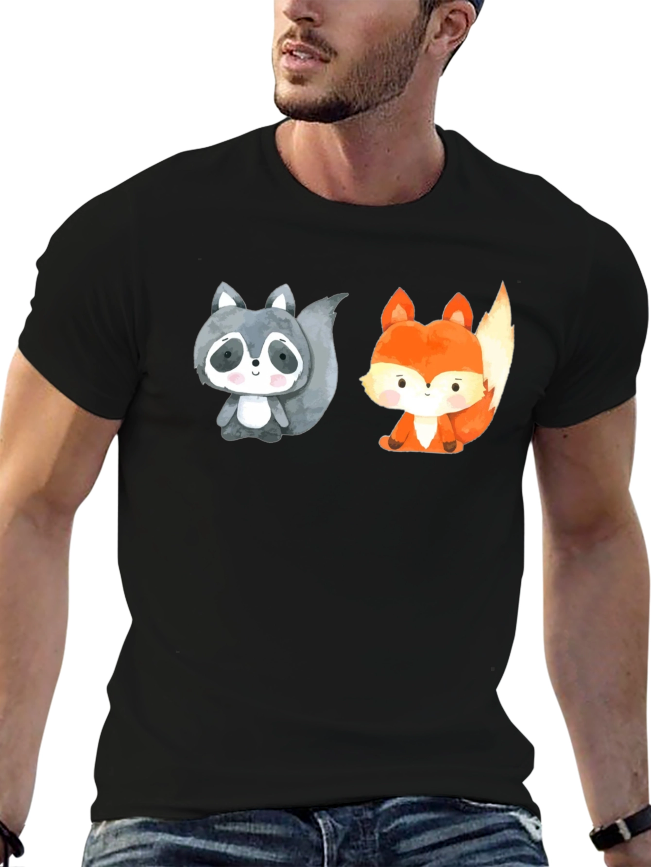 Black Cute Cartoon Animal Tee: Raccoon & Fox Black Shirt view 6