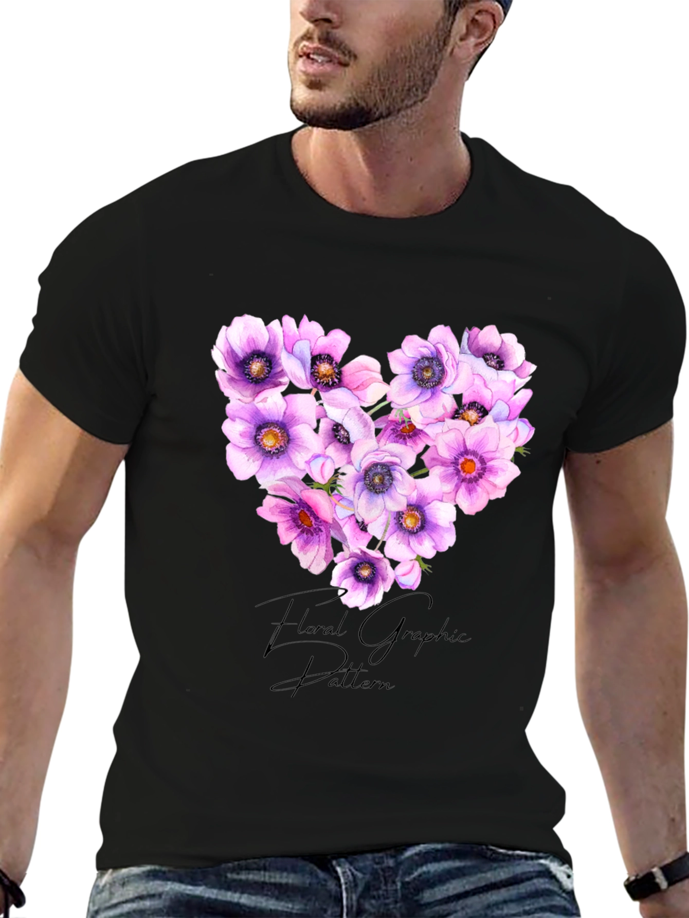 Black Floral Heart Graphic Black T-Shirt view 6