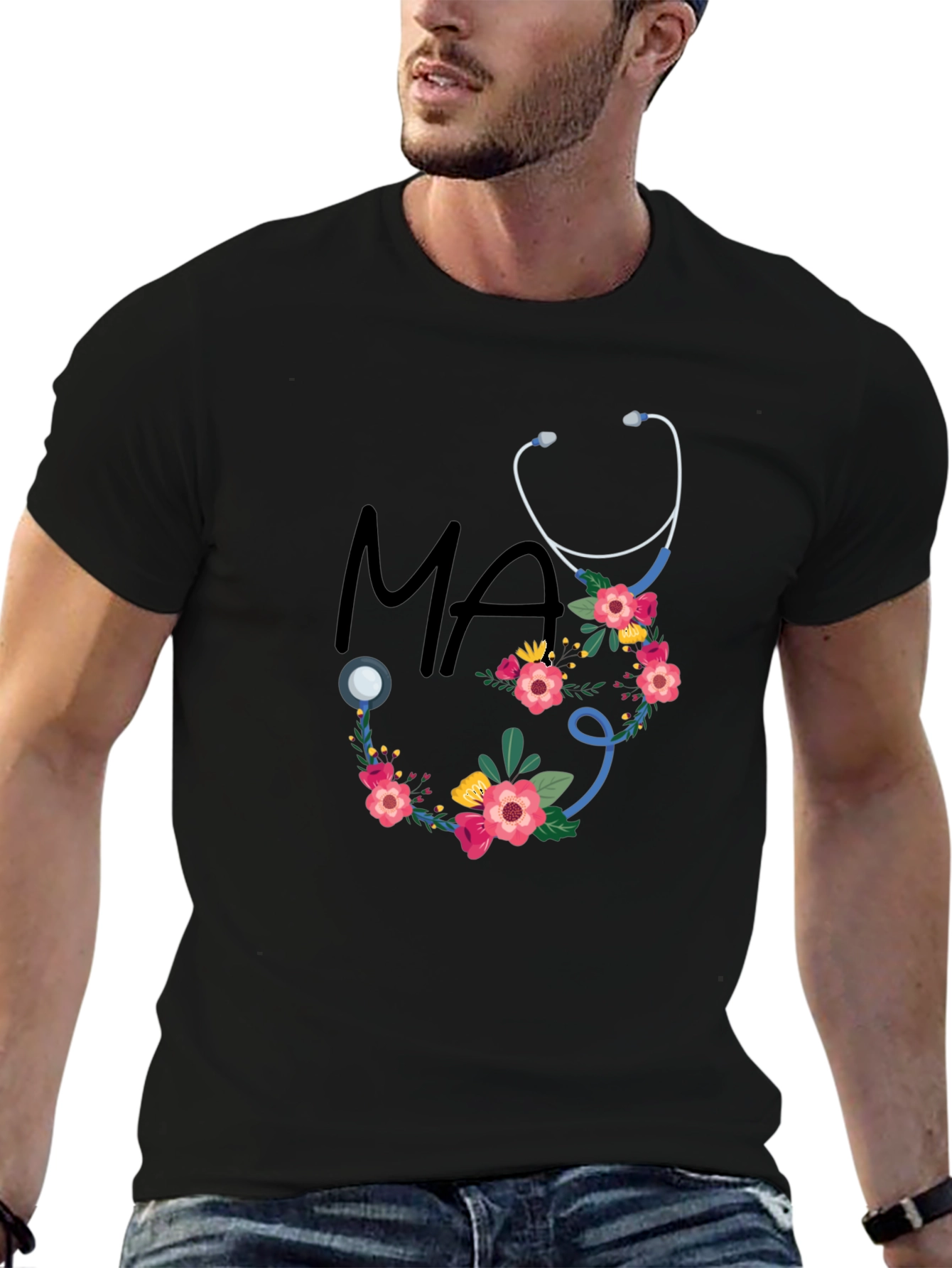 Black Floral Stethoscope MA T-Shirt - Medical Assistant Style view 6