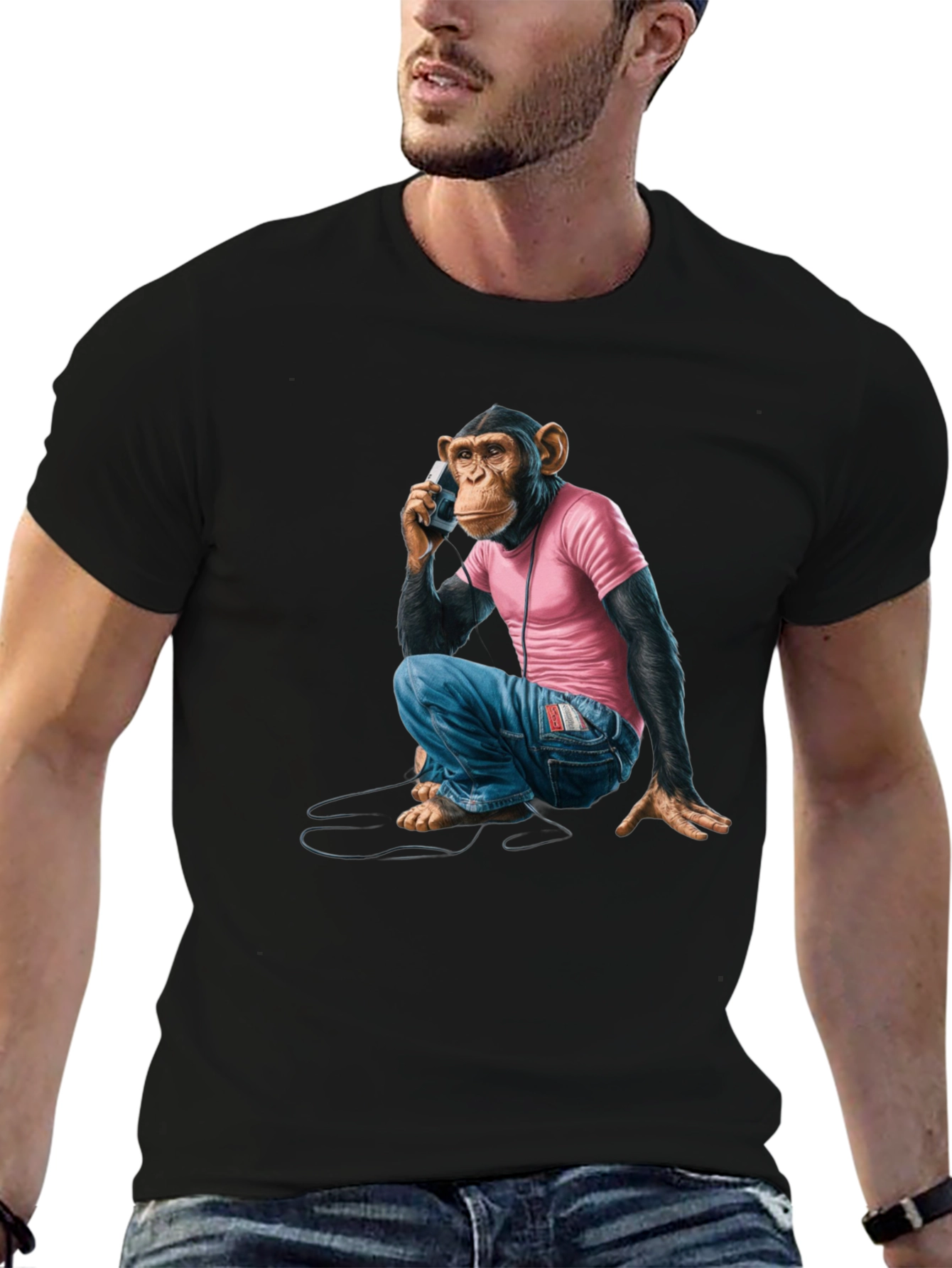 Black Monkey on Phone Graphic Tee - Quirky & Unique Design view 6