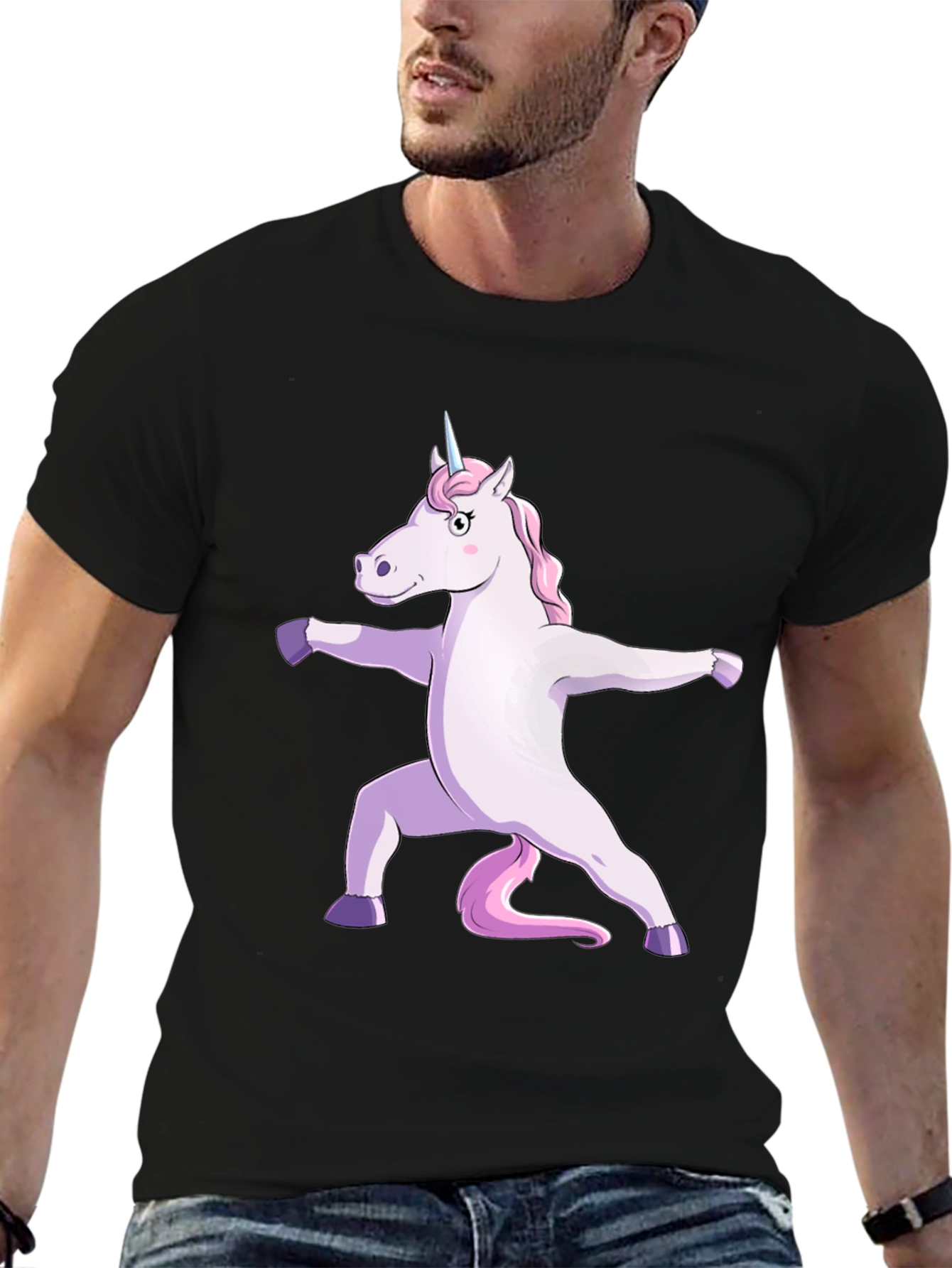Black Yoga Unicorn Graphic Tee - Black Cotton T-Shirt view 6