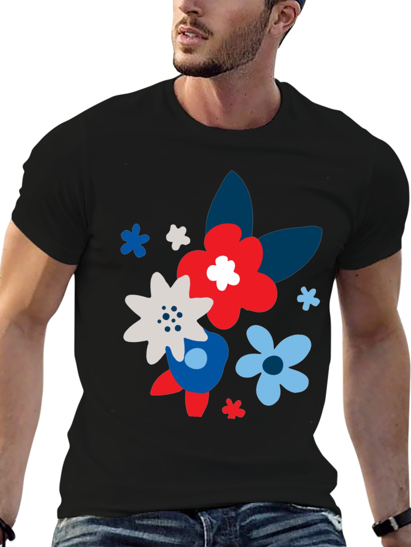 Black Floral Print Black T-Shirt for Men view 6